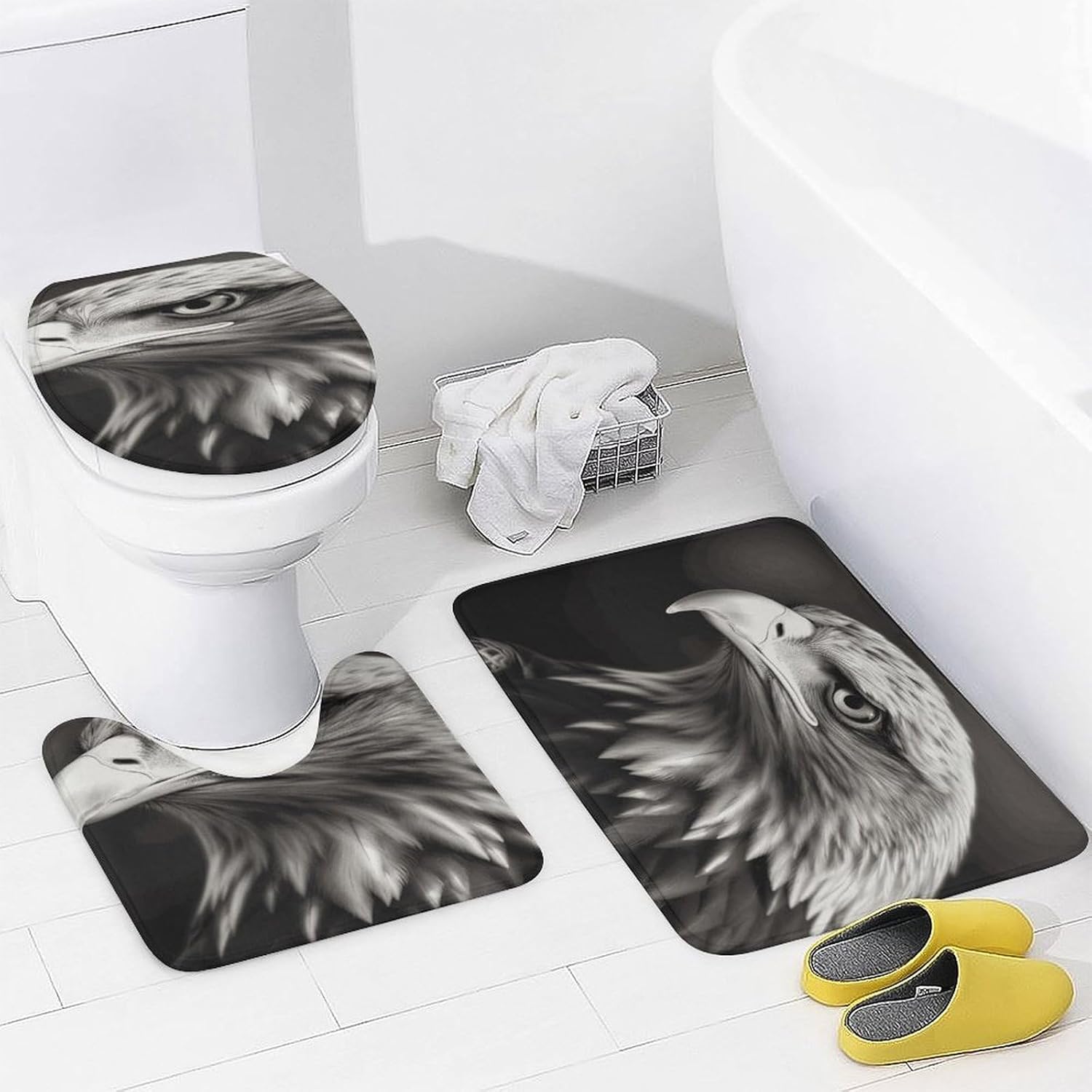 Eagle Black and White 4Pcs Shower Curtain Set with Non-Slip Rugs, Toilet Lid Cover and Bath Mat,Bathroom Set Decor Accessories,Curtain Set with 12 Hooks, 72 X 72 Inch