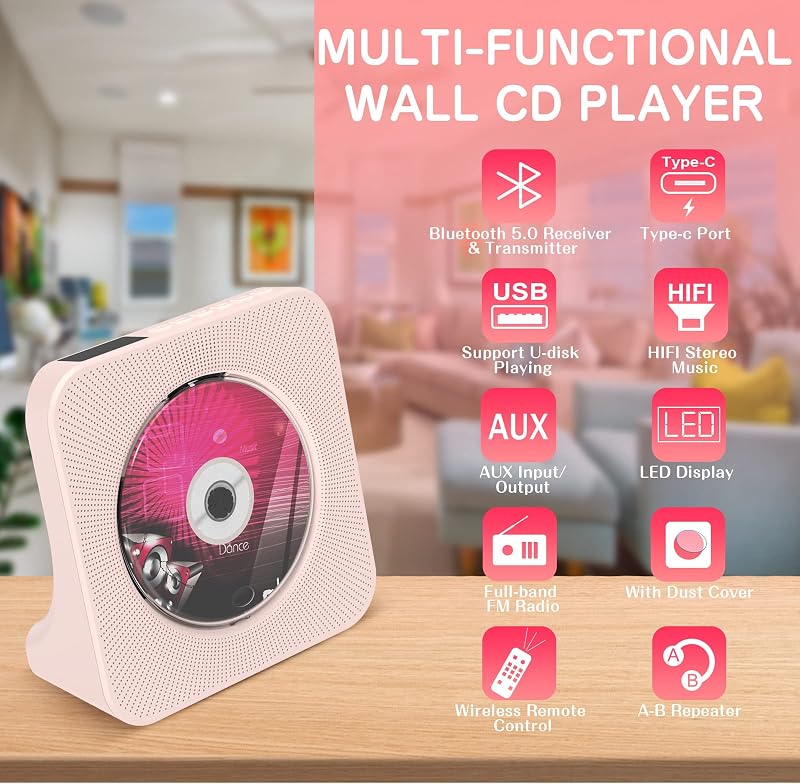 KOVCDVI CD Lejátszó Bluetooth 5.0 Hangszóróval - Asztali Hordozható CD Player FM Rádió USB AUX Fejhallgató Csatlakozó Rózsaszín