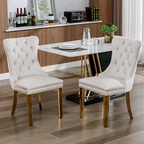 SSLine Juego de 2 sillas de comedor modernas de lujo, sillas de comedor copetudas de terciopelo beige con patas de acero inoxidable dorado y ribete