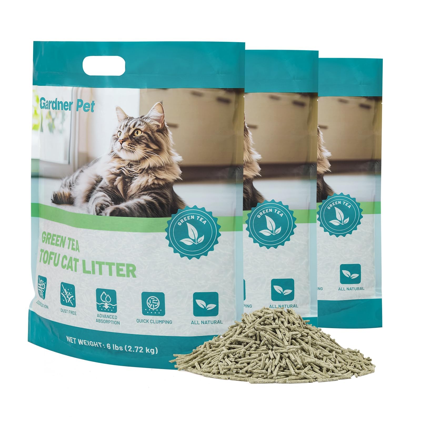 Gardner Pet Naturale Lettiera per Gatti al Tofu con Estratto di Tè Verde, senza polvere, agglomerante rapida, scaricabile nel WC e controllo degli odori per case con più gatti, 6L x 3