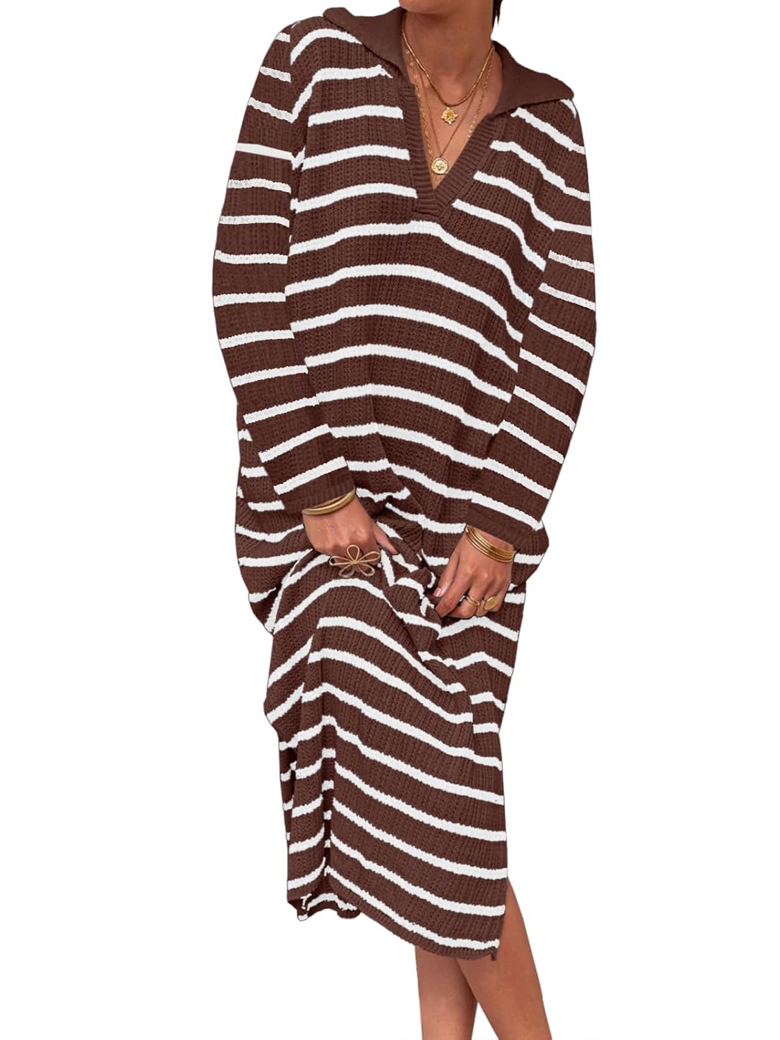 Saodimallsu Womens Striped Sweater Dress Fall Chunky Knit V Neck Collared Long Sleeve Sexy Slit Loose Midi Dresses