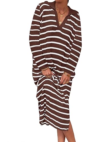 Saodimallsu Womens Striped Sweater Dress Fall Chunky Knit V Neck