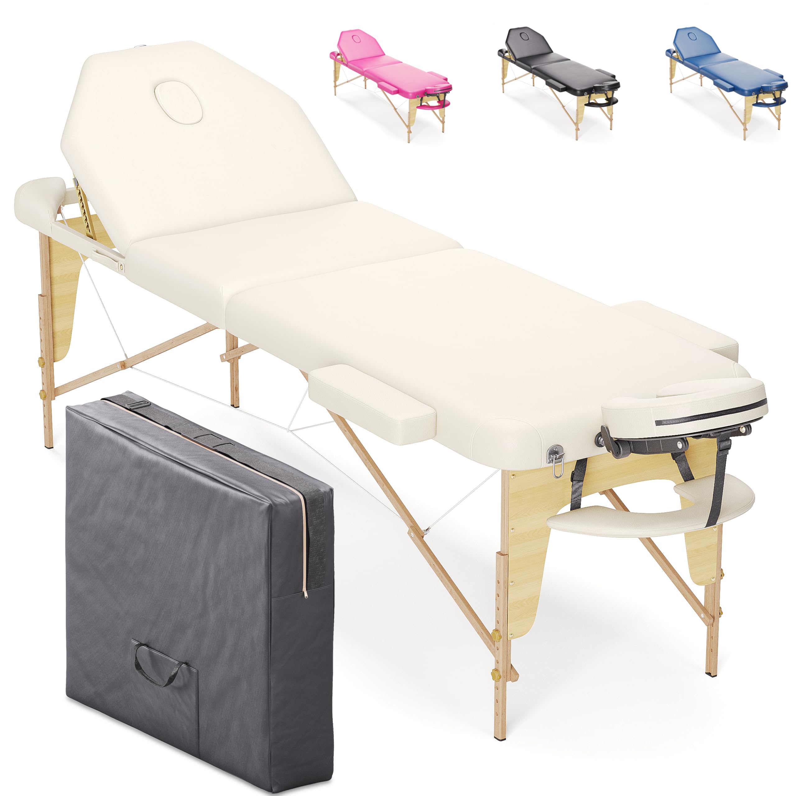 BELTOM® Camilla de Masaje 3 Zonas Nuevo Modelo portatil Mesa Cama Banco Plegable Reiki - Crema