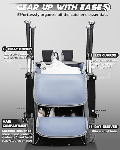 Miniatura 3 de Bolsa de recogedor para equipo de receptor, mochila de béisbol y sóftbol para casco, guantes de pecho, protectores de piernas, bolsa de murciélago