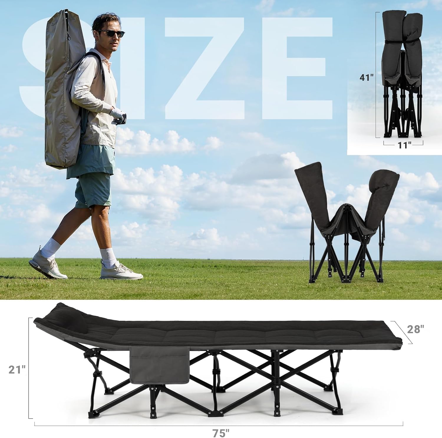 OVERMONT Lettino da Campeggio Brandina Pieghevole - Letto Portatile XL Caricabile Fino 250 kg - Letto Singolo Antiscivolo con Cuscino Borsa di Stoccaggio Borsa Trasporto per Camper Tende Viaggi Nero