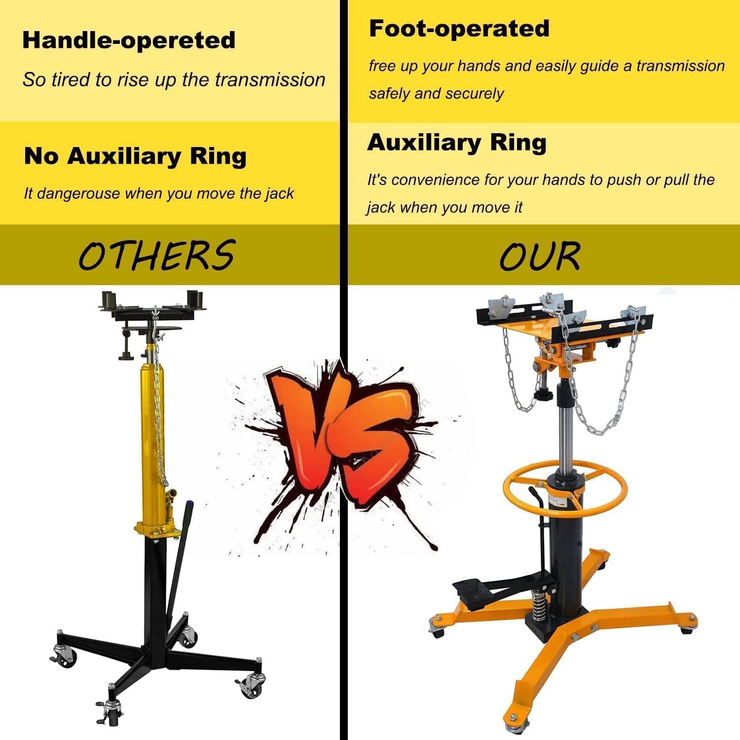 1660 lbs Hydraulic Transmission Jack, 0.5 Ton 2-Stage Telescoping Lift for Car Garage & Shop, 34" - 70" Adjustable Height Transmission Hoist with 360° Swivel Wheels and Foot Pump (Yellow)