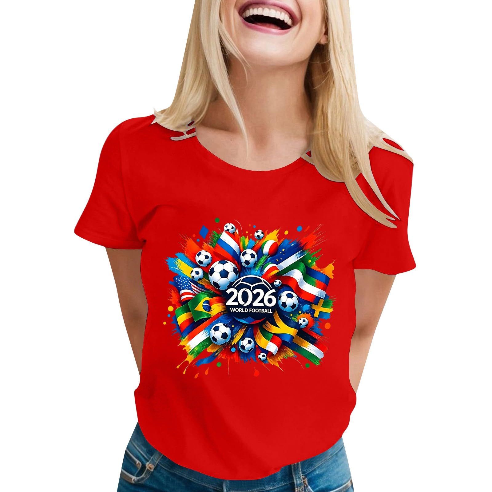 Keuvium England Football Shirt 2026 World Cup Football Shirt Classic Graphic Jersey Tops for Women Lightweight Short Sleeve Summer Tops Fashion Crew Neck Ladies T Shirts Comfortable Training Top Red