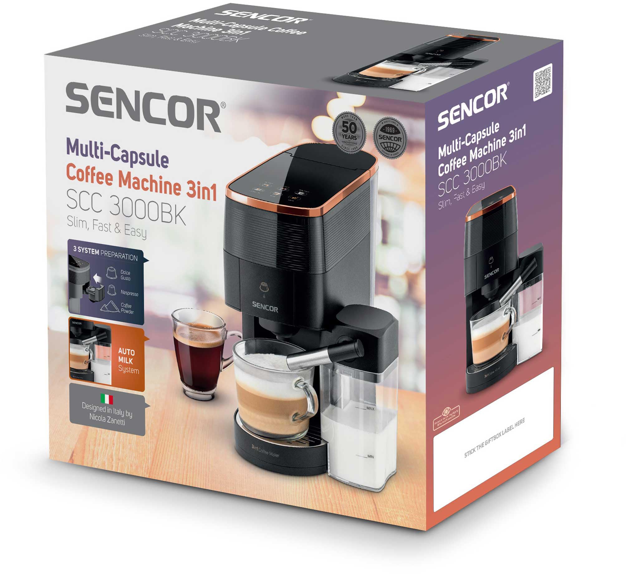 Sencor SCC 3000BK Macchina da Caffè 3 in 1, Multi-Capsula, 19 Bar, Display LED Touch, 1450W, Nero