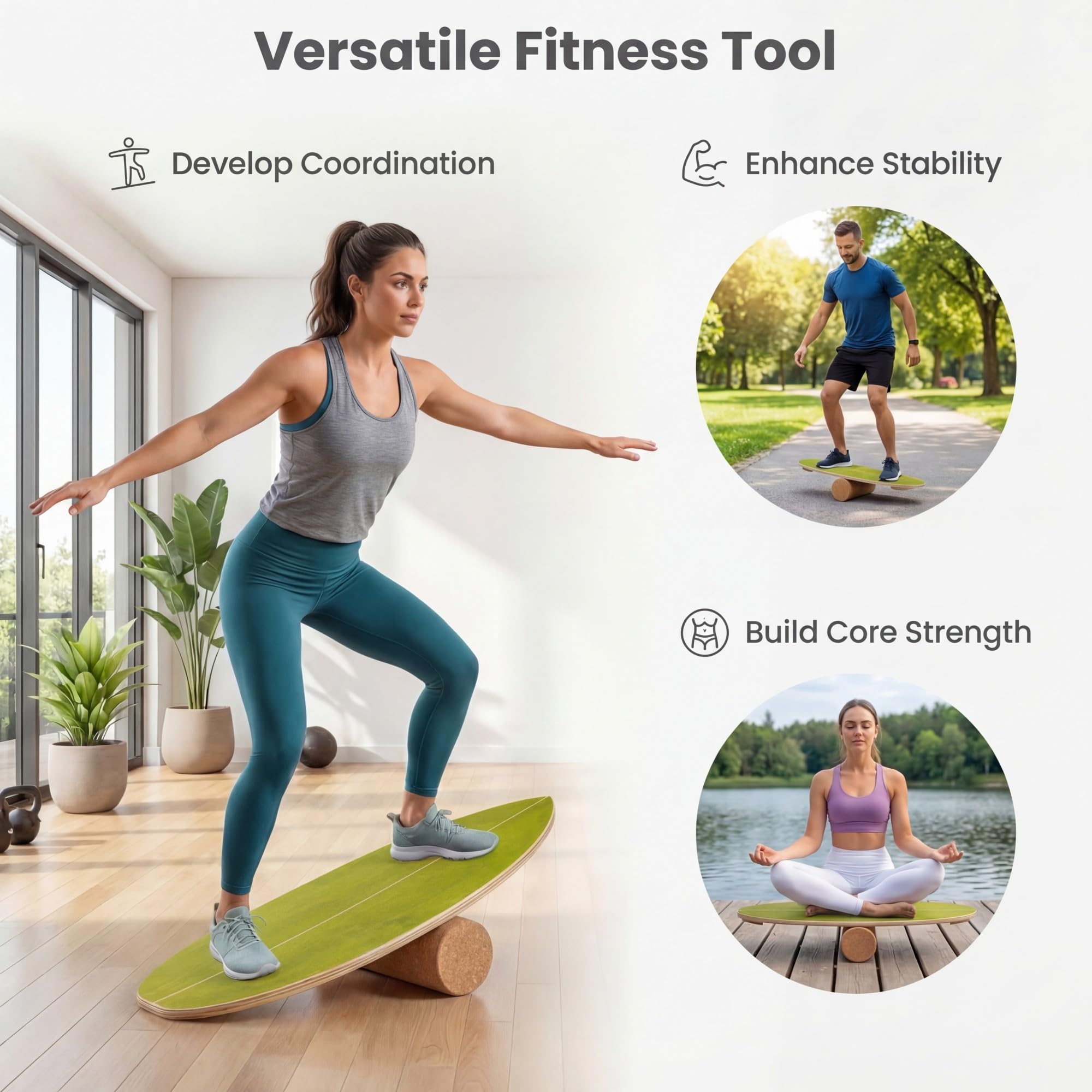KOMFOTTEU Balance Board mit Korkrolle & Halter, Balancebrett aus Birkenholz, Gleichgewichtsboard Indoor Training Surfen Skaten, Wackelbrett Trickboard max.150kg belastbar