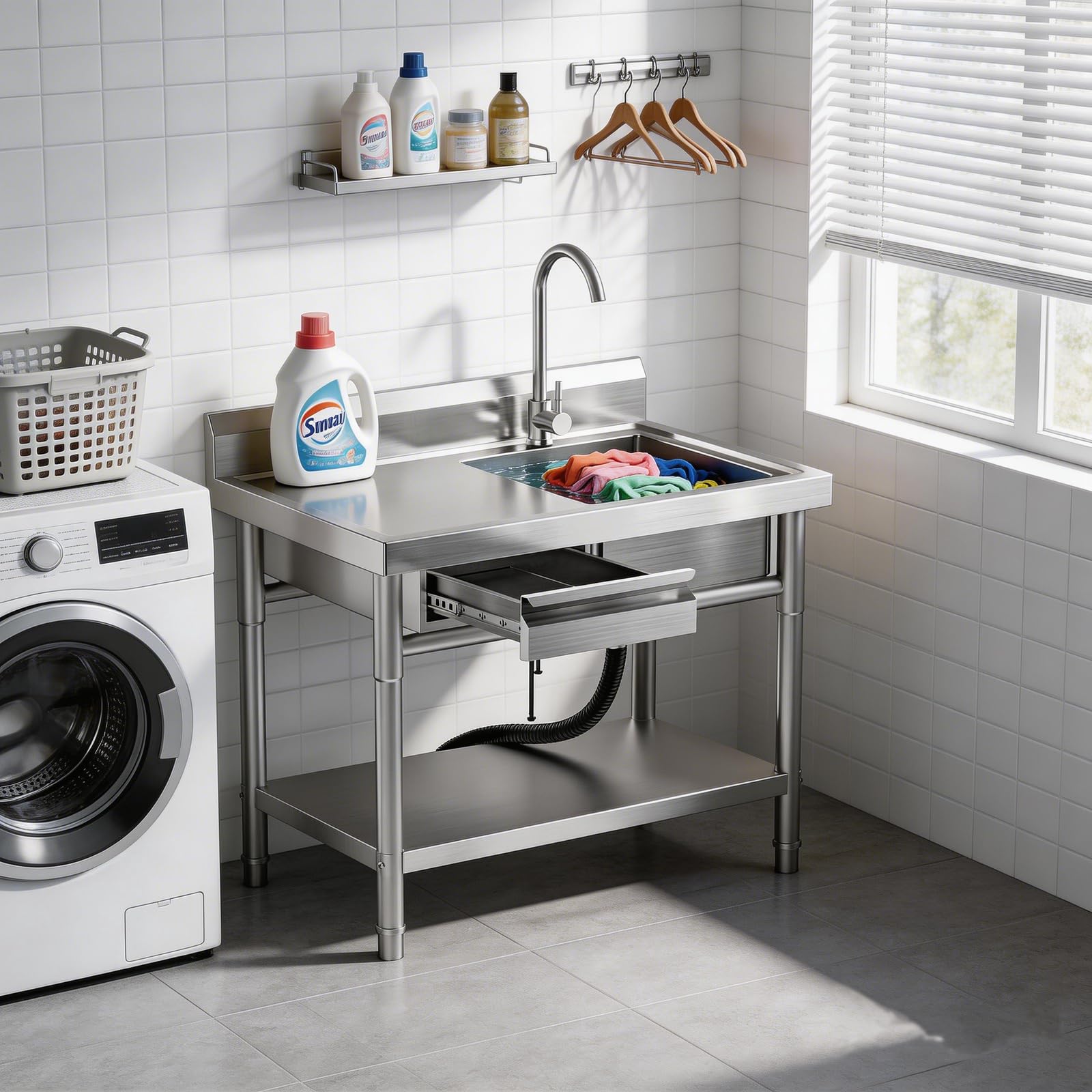 Spültisch edelstahl freistehend mit Schublade – Profi Spülbecken mit Arbeitsfläche, 360° Wasserhahn, Ablage & Unterschrank, Gastro Spüle für Küche, Gastronomie, Garten & Waschküche