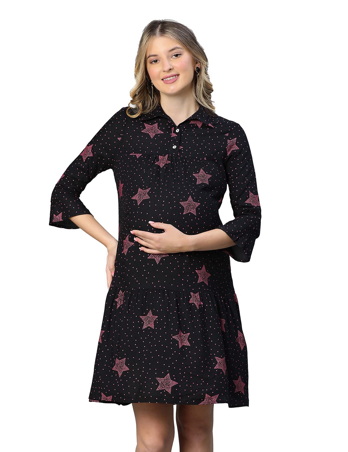 oxolloxo Women Floral Print Collared Bell Sleeved Maternity Dress-picture-46