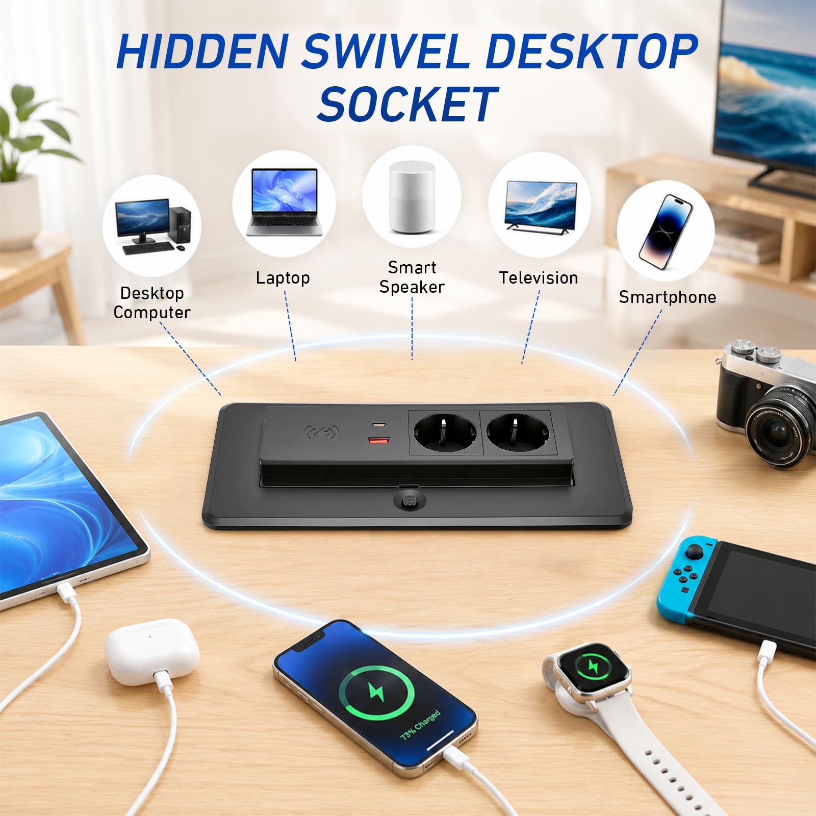 Versenkbare Steckdose 2-Fach mit USB A and USB-C PD 20W Schnellladefunktion & 15W kabellosem Ladegerät, Pop-Up Tischsteckdose für Arbeitsplatte, Schreibtisch, platzsparende Steckdosenleiste Einbau
