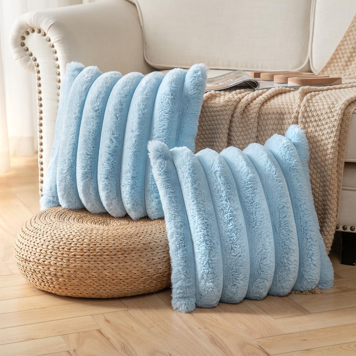 Faux Fur Plush Throw Pillow Covers 16x16 Inch Set of 2 - Luxury Decorative Fuzzy Striped Soft Cozy Pillowcase for Couch, Sofa, Living Room - Blue
