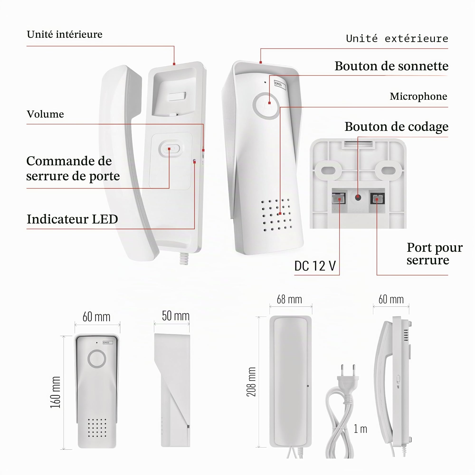 EMOS - Kit d'interphone Audio sans Fil - Connexion sans Fil - Design élégant - Kit Audio/interphone avec possibilité d'ouvre-Porte - Facile à Utiliser - Prise d'alimentation (230V/12V) - Blanc