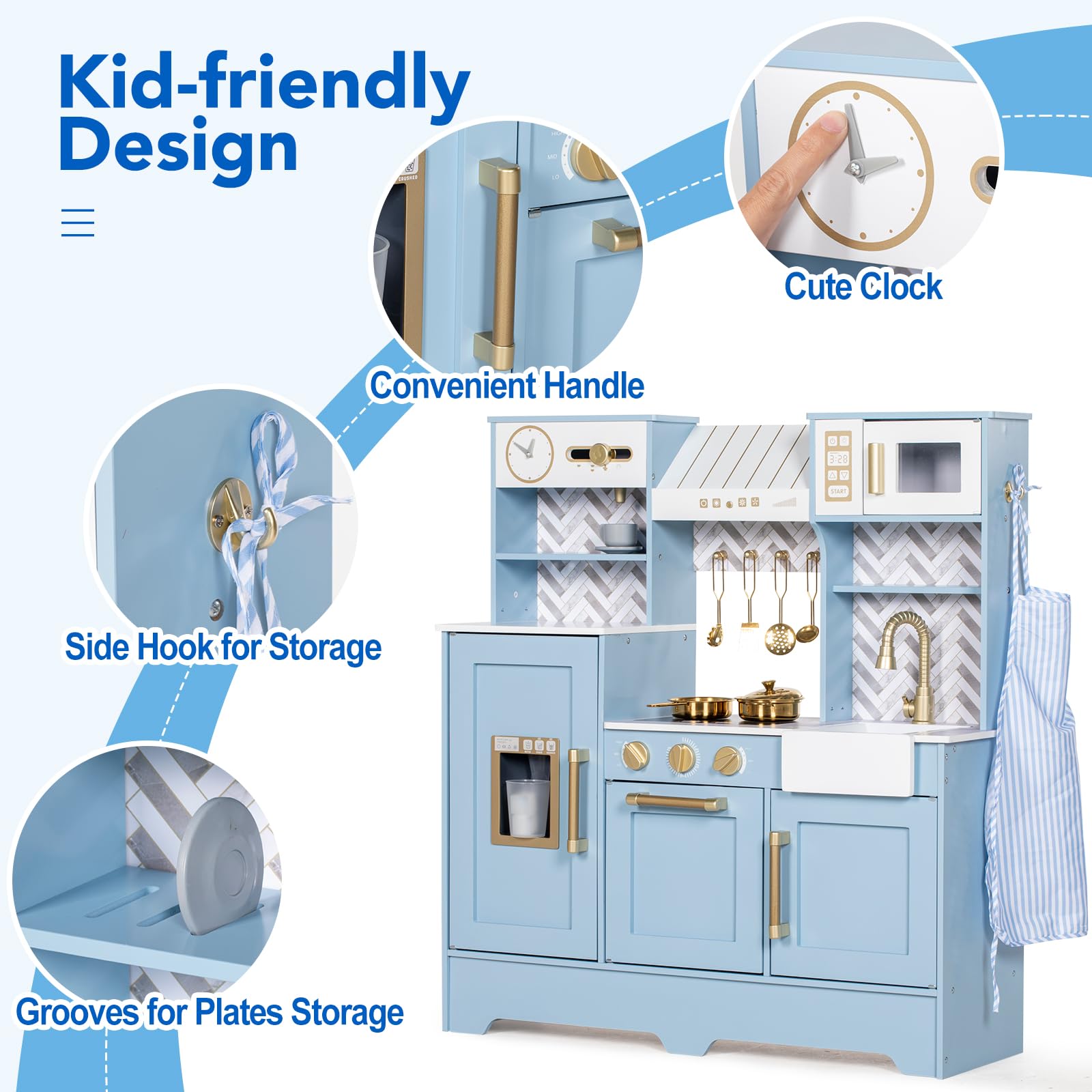 BRINJOY Cuisine en Bois avec Four, cuisinière, Lave-Linge, aperçue, Machine à glacer, ustensiles de Cuisson, Jeu de Cuisine de Jouets pour Petite Fille garçons âges 3+ (Bleu)