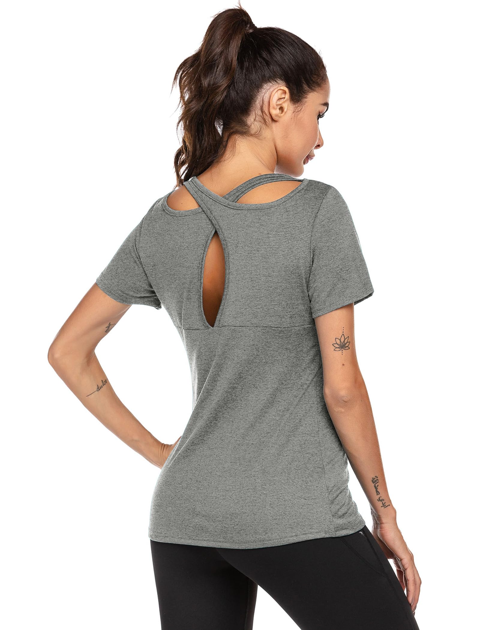 Damskie koszulki na siłownię T-shirt sportowy ze skrzyżowanymi plecami, wycięciem pod szyją, krótkim rękawem Topy do ćwiczeń do jogi dla pań Slim Fit, szybkoschnący T-shirt fitness, 1 lub 3 szt.