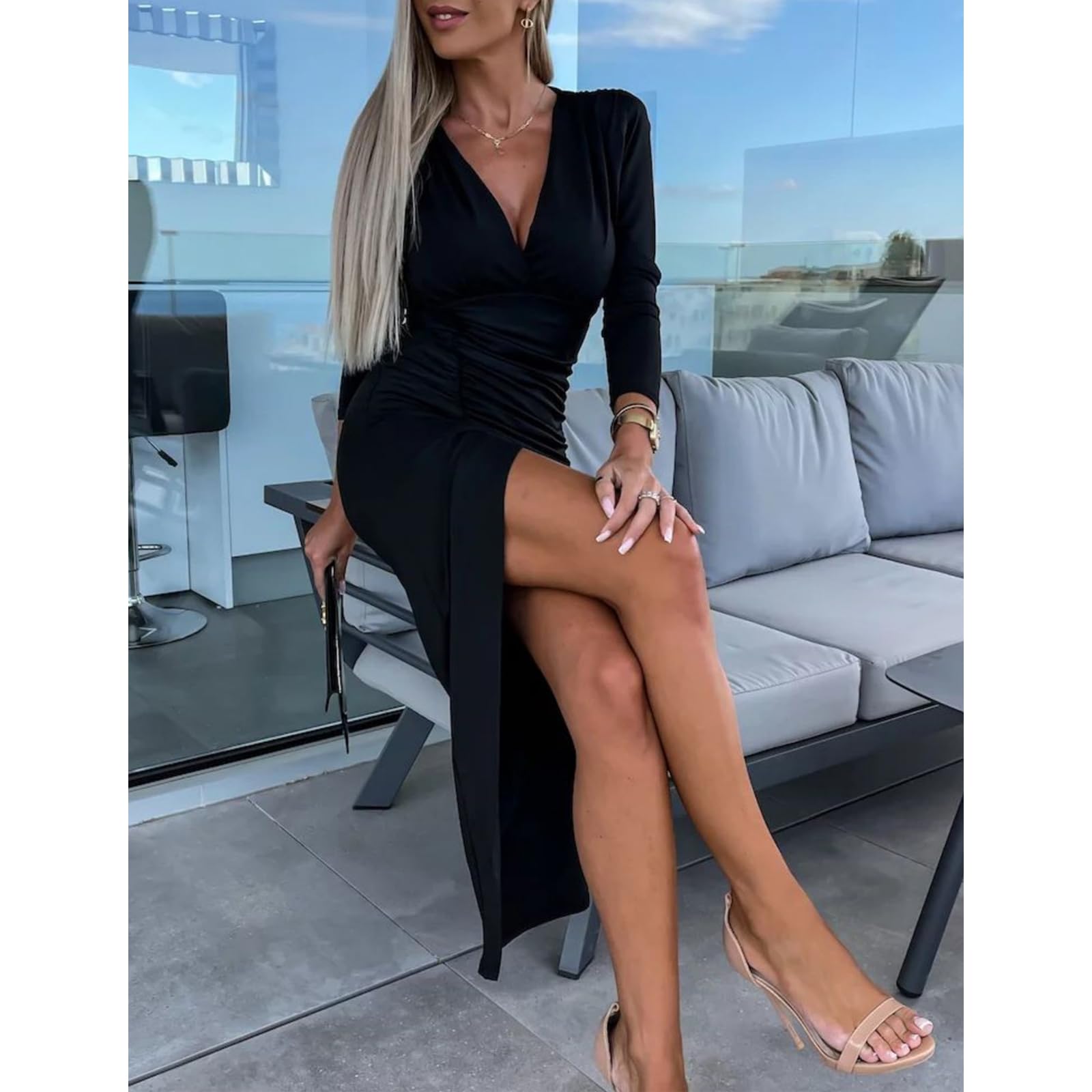 Vestito Donna Maniche Lunghe Sexy Maxi Abito da Cocktail Spacco Bodycon Elegante Vestito Lungo con Scollo a V Tinta Unita Abito da Sera per Festa Party Cerimonia Autunno e Inverno