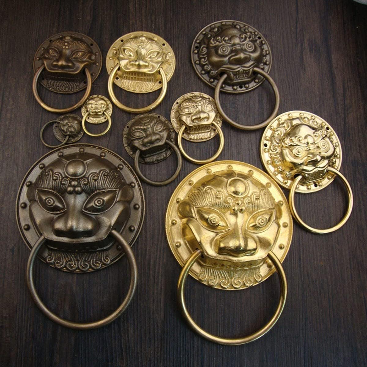 1Pc Antique Brass Chinese Furniture Handle Knocker Vintage Lion Head Cabinet Knobs and Handles Door Cabinet Pull Ring Knob (Brass-5.5")