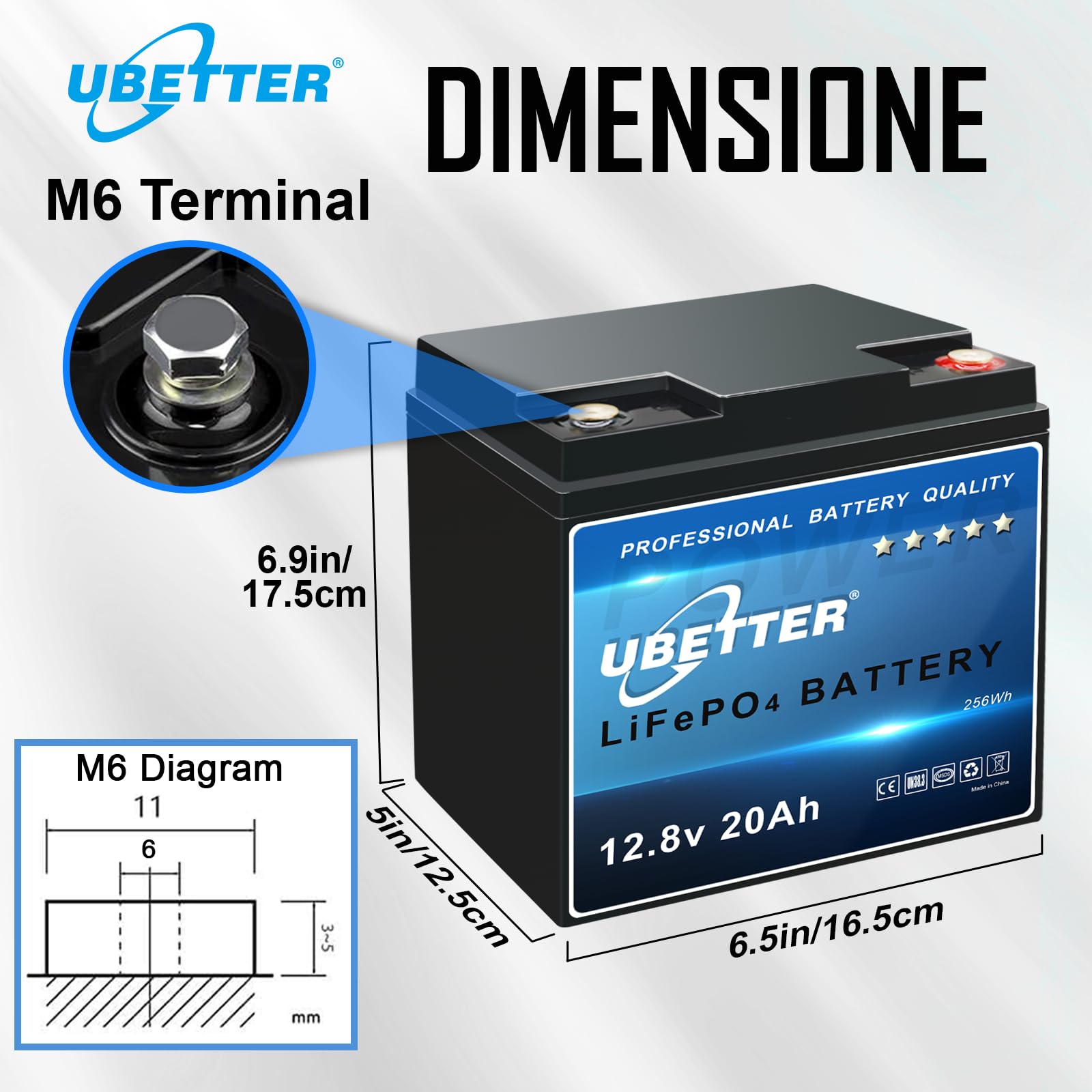 UBETTER 12V 20AH LiFePO4 Batteria litio Ricaricabile con 20A BMS Batteria al litio a Ciclo Profondo Perfetta per Sistemi di Energia Solare, Monopattini per Bambini, Fish Finder