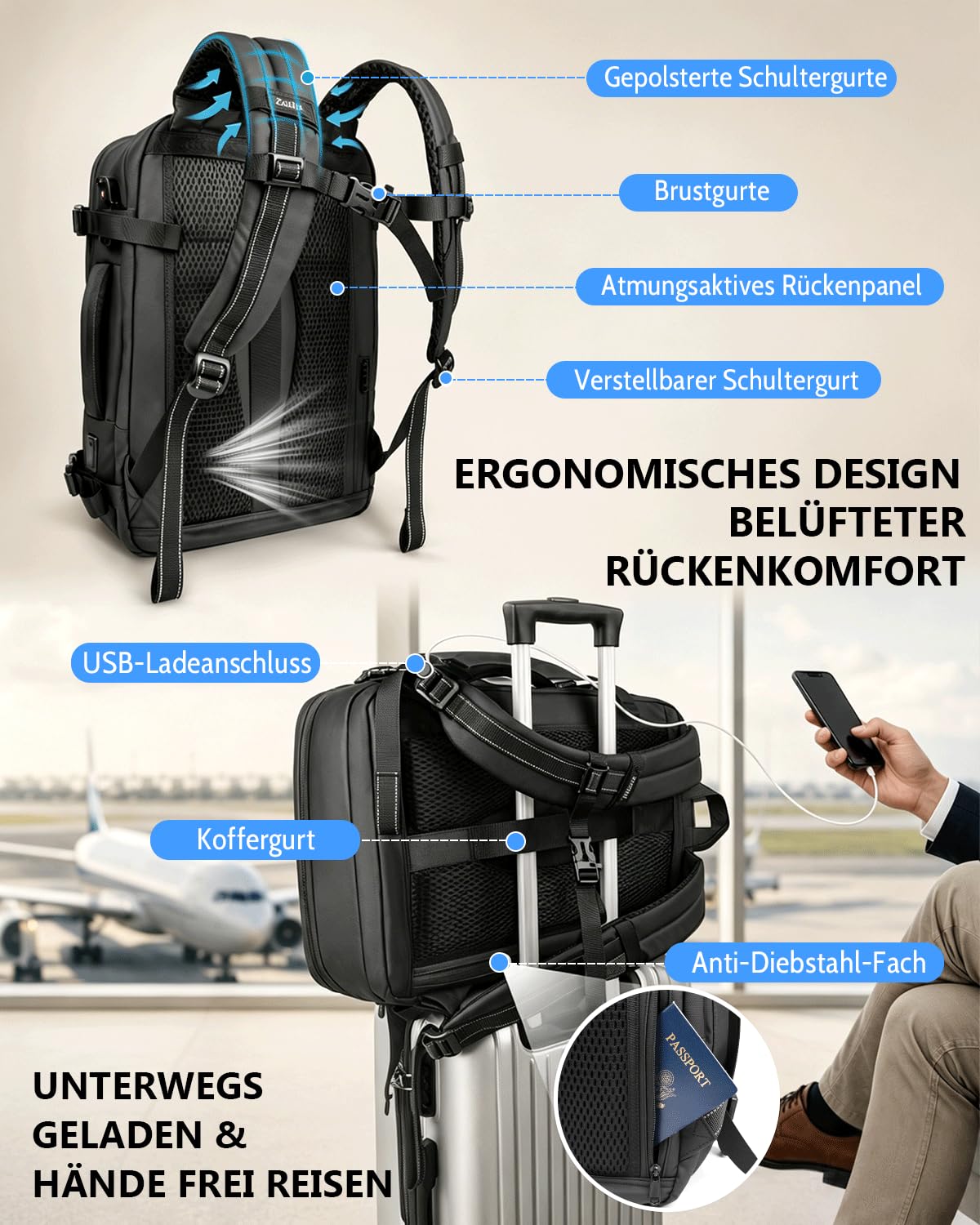 Zurligi Vakuum-Reiserucksack mit Vakuumbeutel, Mini-Pumpe, 30–60L, TSA-Lock | Erweiterbarer, wasserabweisender Carry-on-Rucksack mit herausnehmbarem Vakuumbeutel, Diebstahlschutz, für Damen und Herren