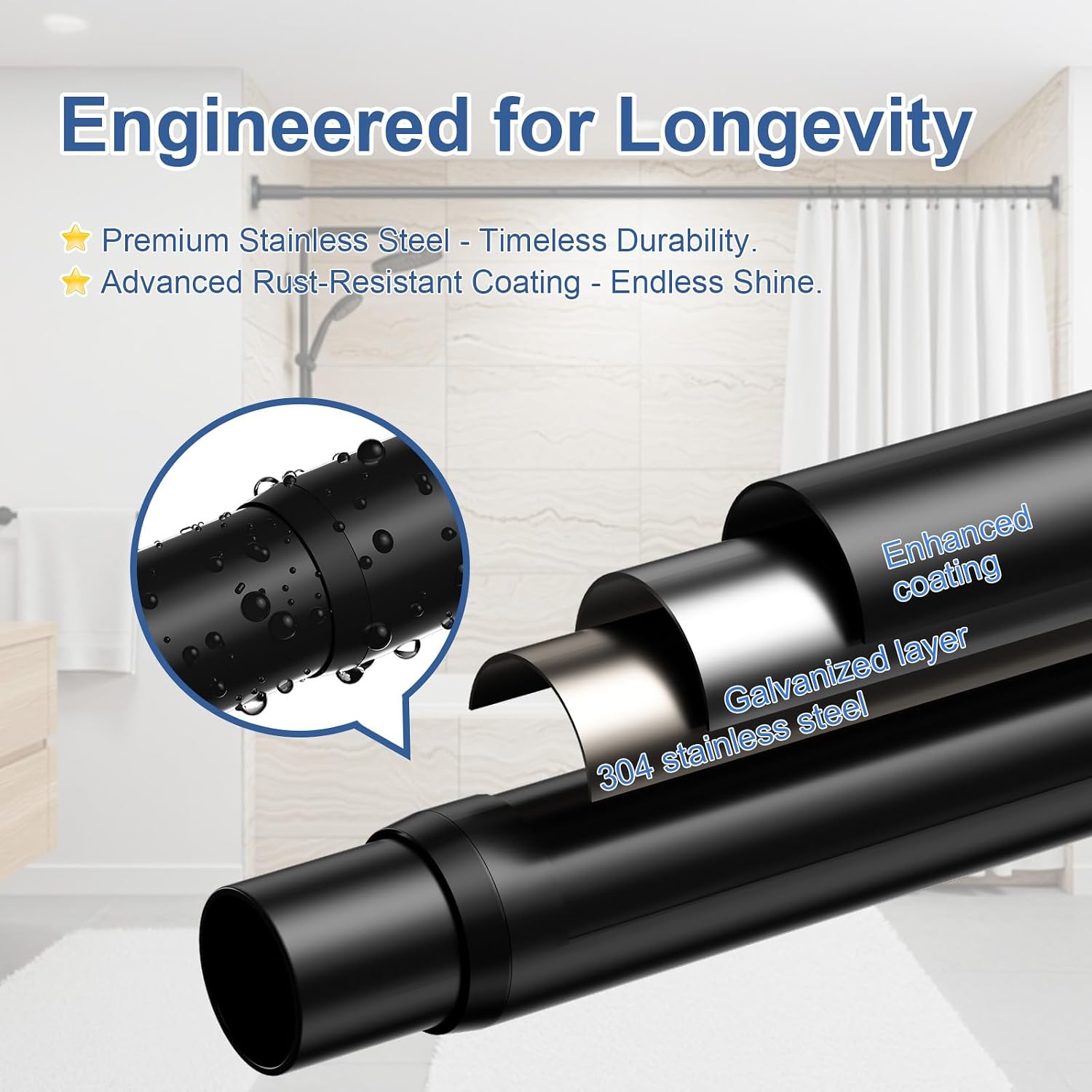 Tension Curtain Rod 32-76Inch Adjustable Shower Rod Black Tension Rod