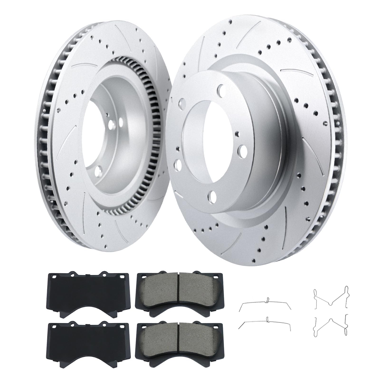 Disc Brake Pads And Rotors Kit, Drilled and Slotted Geomet-Coated Brake Rotors And Ceramic Pads, For Toyota Tundra 2007-21, 2008-22 Sequoia, 2016-21 Land Cruiser, 2016-21 Lexus LX570 (FRONT)