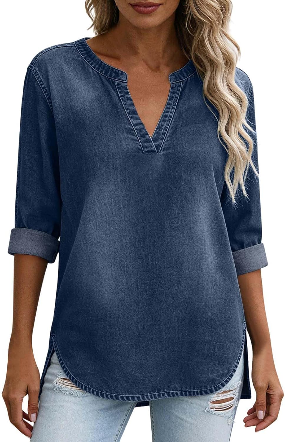 FZYLQY Women's Casual V Neck Chambray Tunic Top - 3/4 Rolled Sleeve Denim Style Blouse, Flowy High Low Hem Summer Shirt