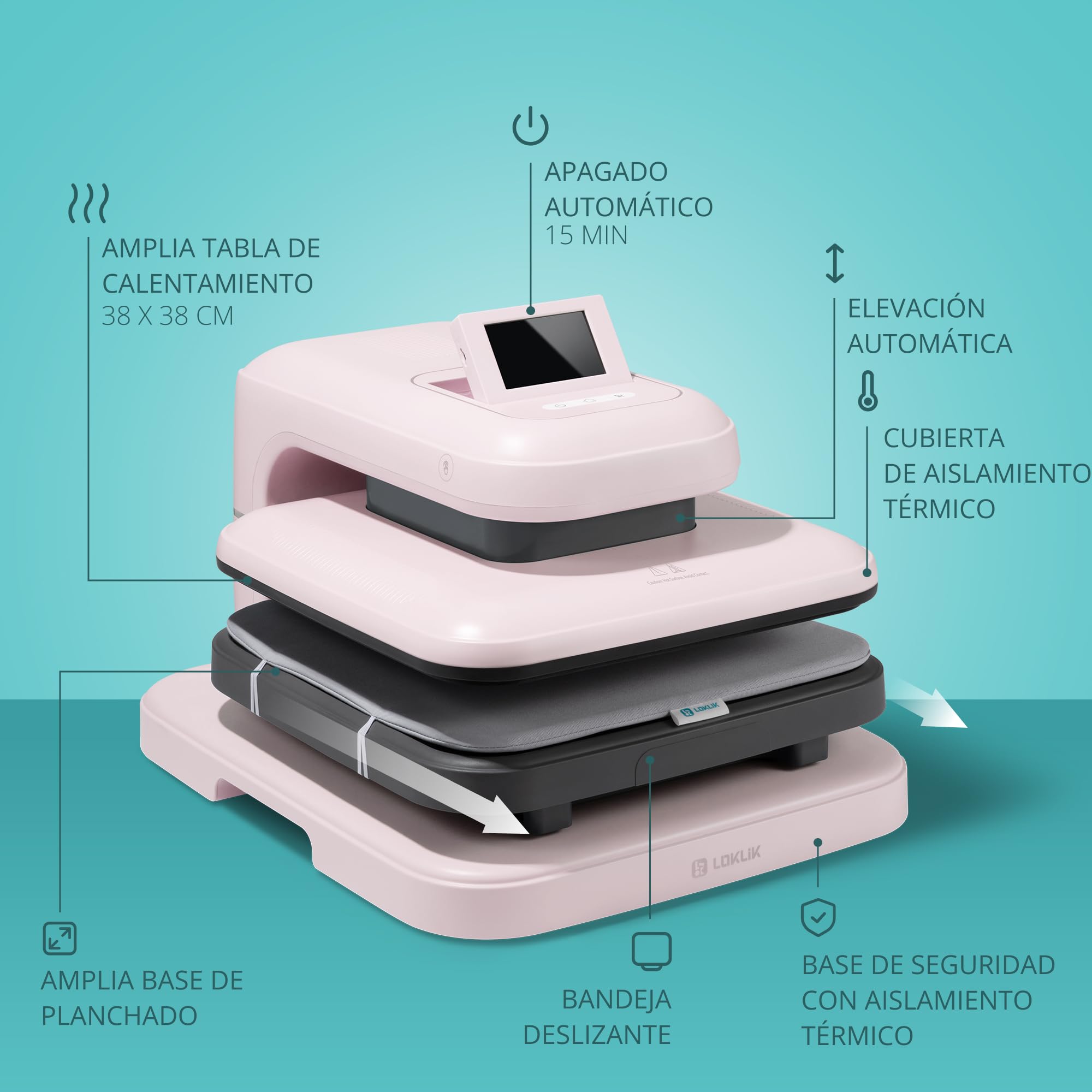 LOKLiK ImPress Auto 2 Smart - Transferencia automática para personalizar camisetas, sudaderas, mantas, toallas, bolsas de mano, sacos y otros textiles - Prensa térmica para vinilo (Rosa)