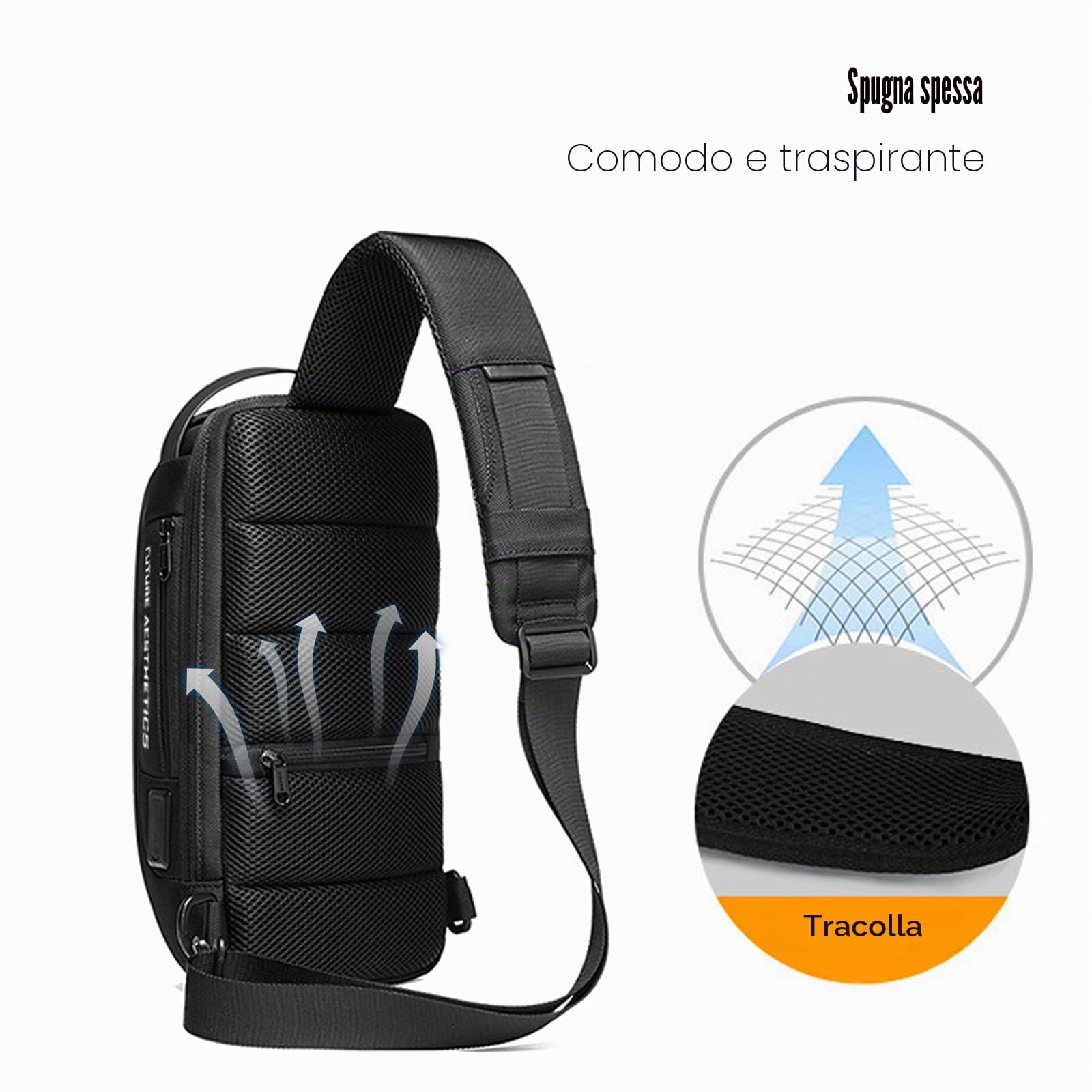 FANDARE Borsa a Tracolla Anti-Ladro Uomo e Donna, Borsa a Tracolla con Porta USB di Ricarica, Borsa da Petto Impermeabile, Zainetto da Spalla per Escursionismo Ciclismo Corsa Viaggio