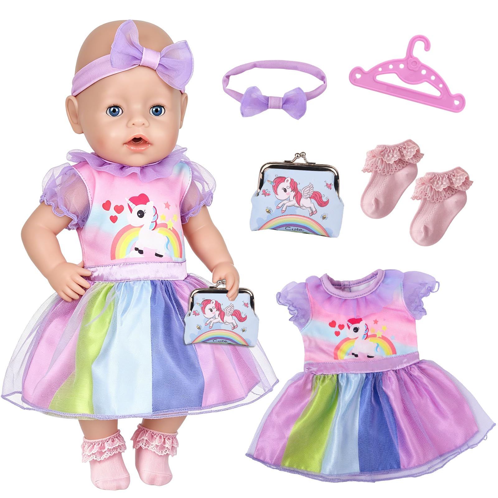 5Pcs Baby Doll Clothes for 14-17 Inch Cute Baby Dolls, 35-43 cm Sweet Dolls Clothes with Dress Headband Wallet Socks Hanger, Baby Doll Accessories Birthday for Girls Kids (No Doll)