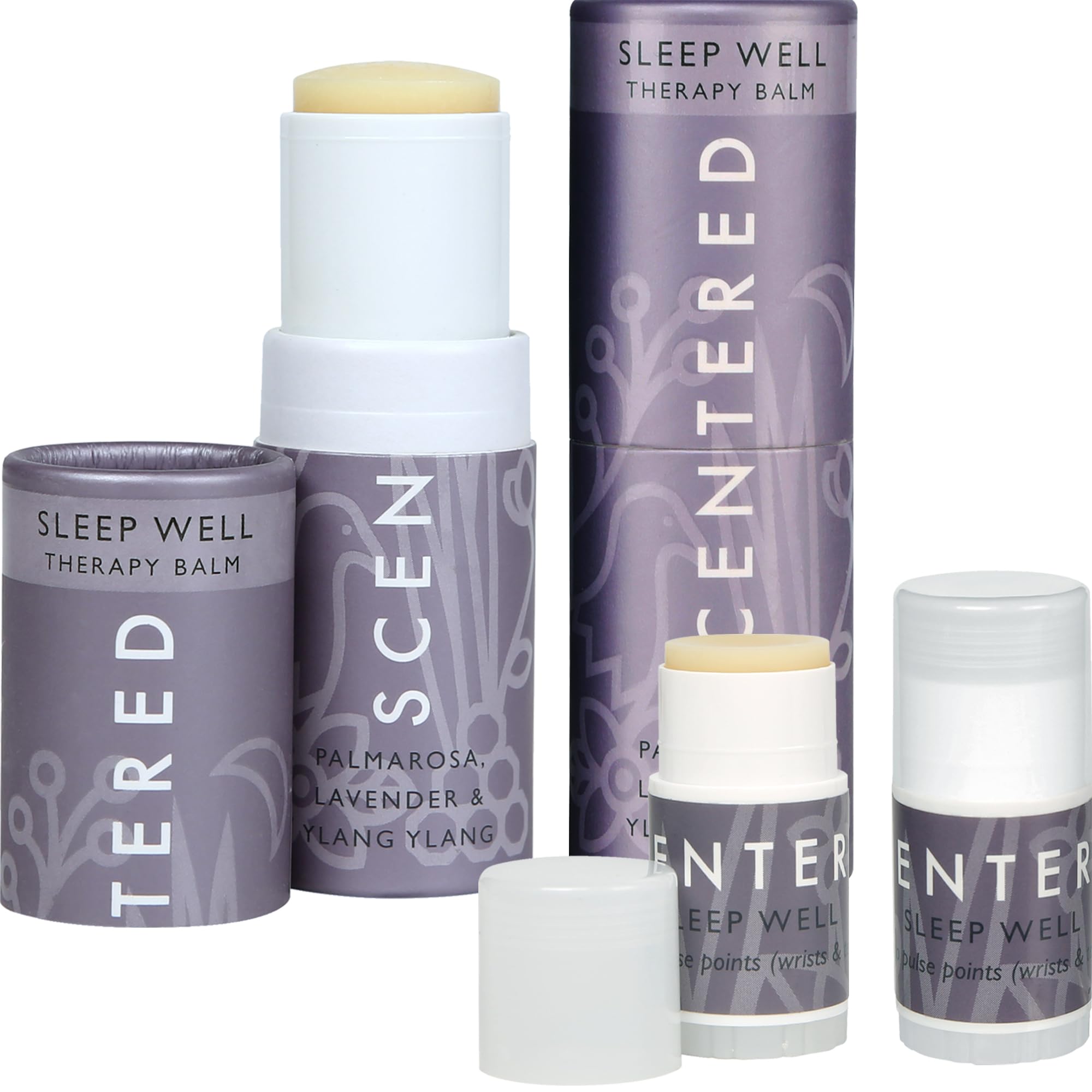 Scentered Sleep Well Aromatherapy Balm Saver Bundle - 2 x 5g Balms & 2 x Mini Travel Balms for Restful Sleep - Lavender, Clove, Rose, Chamomile, Ylang Ylang Essential Oils - Relaxing Gifts for Women