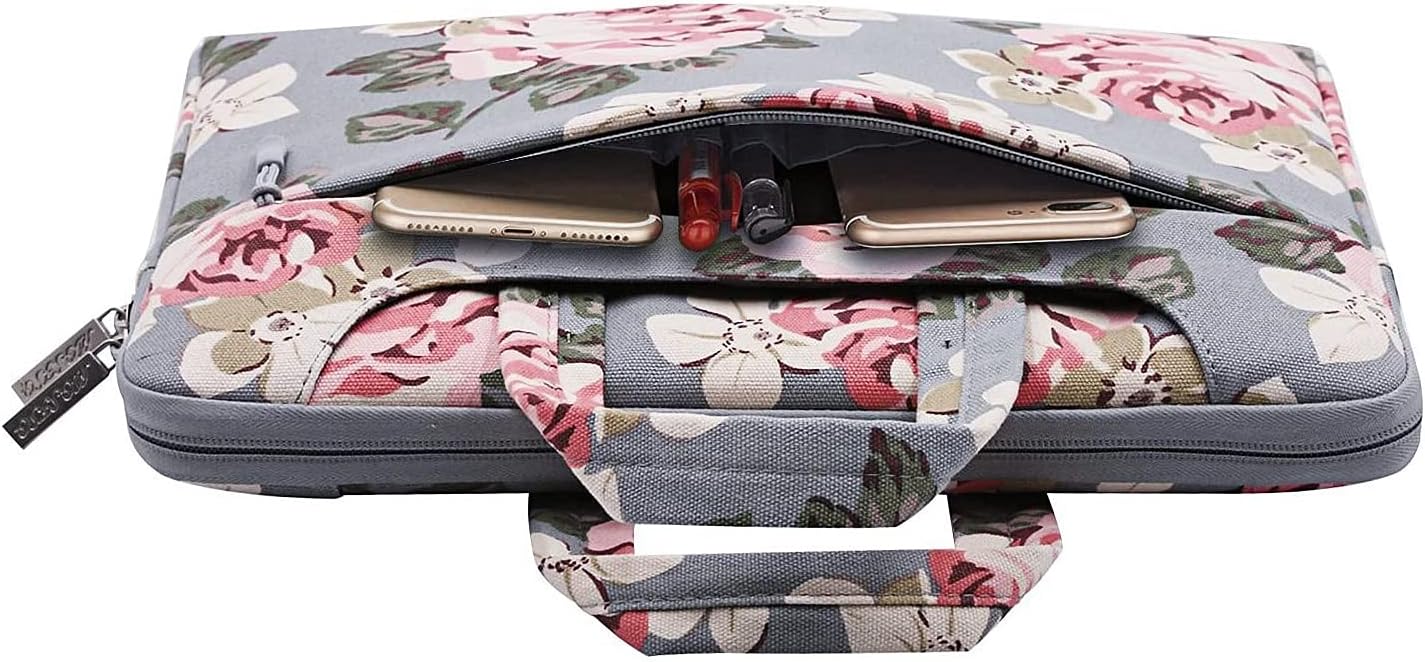 MOSISO Laptop Shoulder Bag Compatible with MacBook Pro 16 inch A2141/Pro Retina A1398, 15-15.6 inch Notebook, Canvas Rose Carrying Briefcase Handbag Sleeve Case Cover, Gray
