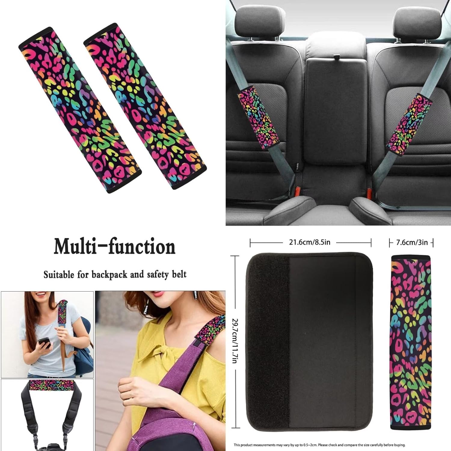 Coldinair Colorful Leopard Print 12Pieces Car Seat Cover Set with Steering Wheel Cover/Car Coaster/Lanyards Key Chain/Seat Belt Cover/Auto Gear Shift Knob Cover,Fit Most Vehicles