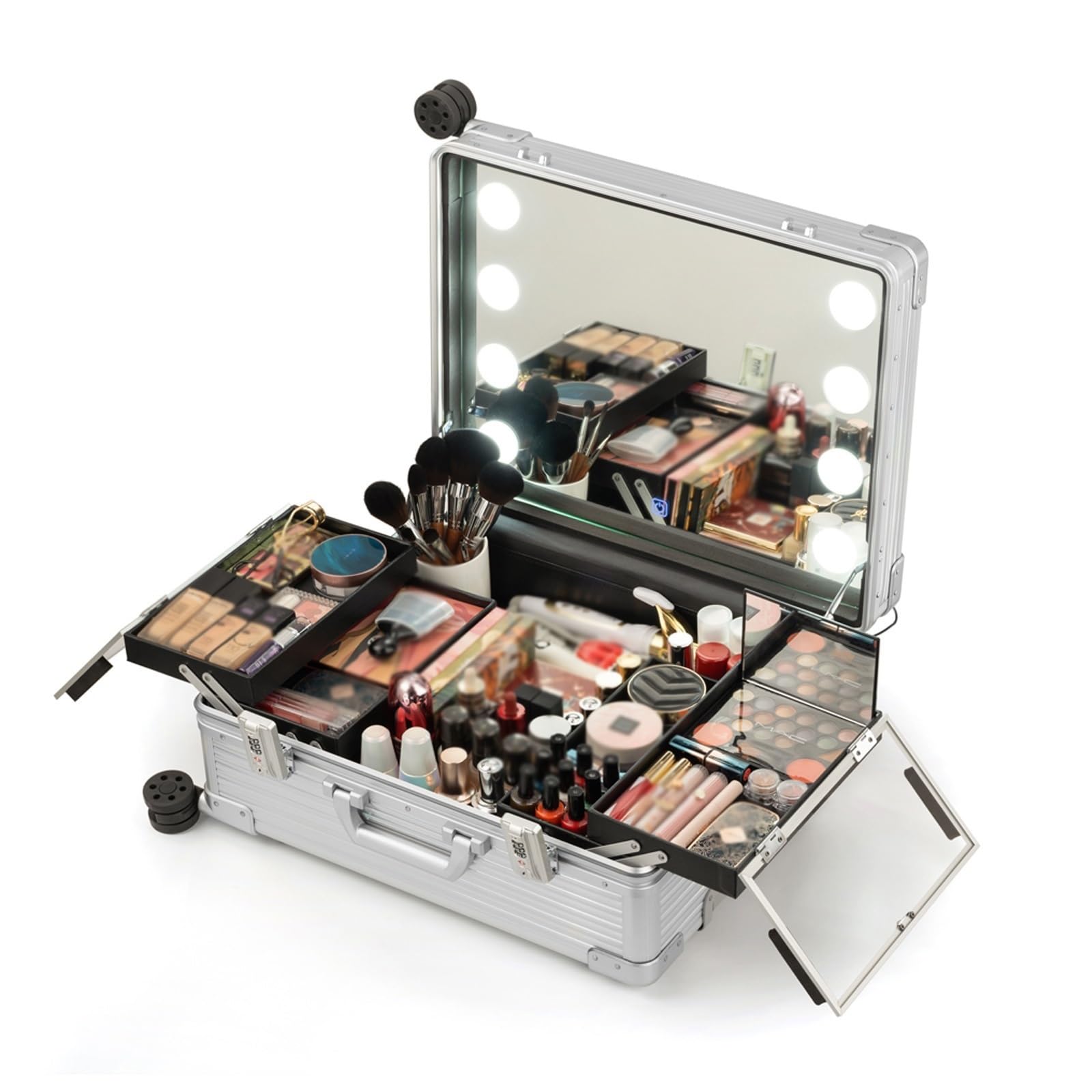 Rolling Makeup Walizka, Podróżna kosmetyczka, kosmetyczka damska walizka do przechowywania makijażu profesjonalny organizer do makijażu z lustrem z oświetleniem LED ( Kolor: Czarny St