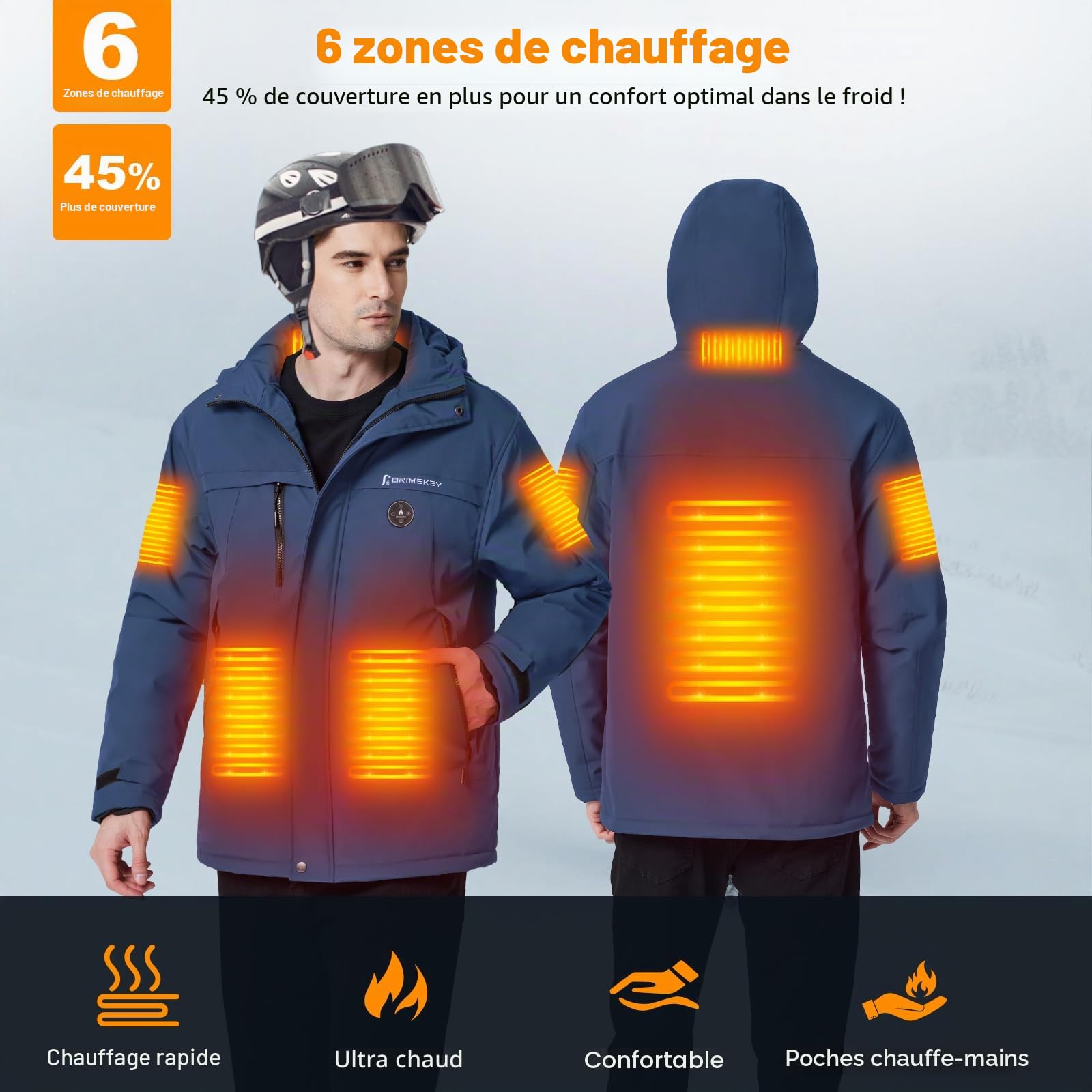 Veste Chauffante Homme avec Doublure en Polaire, Blouson Chauffant avec Batterie Externe 7,4V 12000mAh, Veste Imperméable Coupe-vent 6 Zones Chauffantes 3 Niveaux pour Ski Randonnée Camping