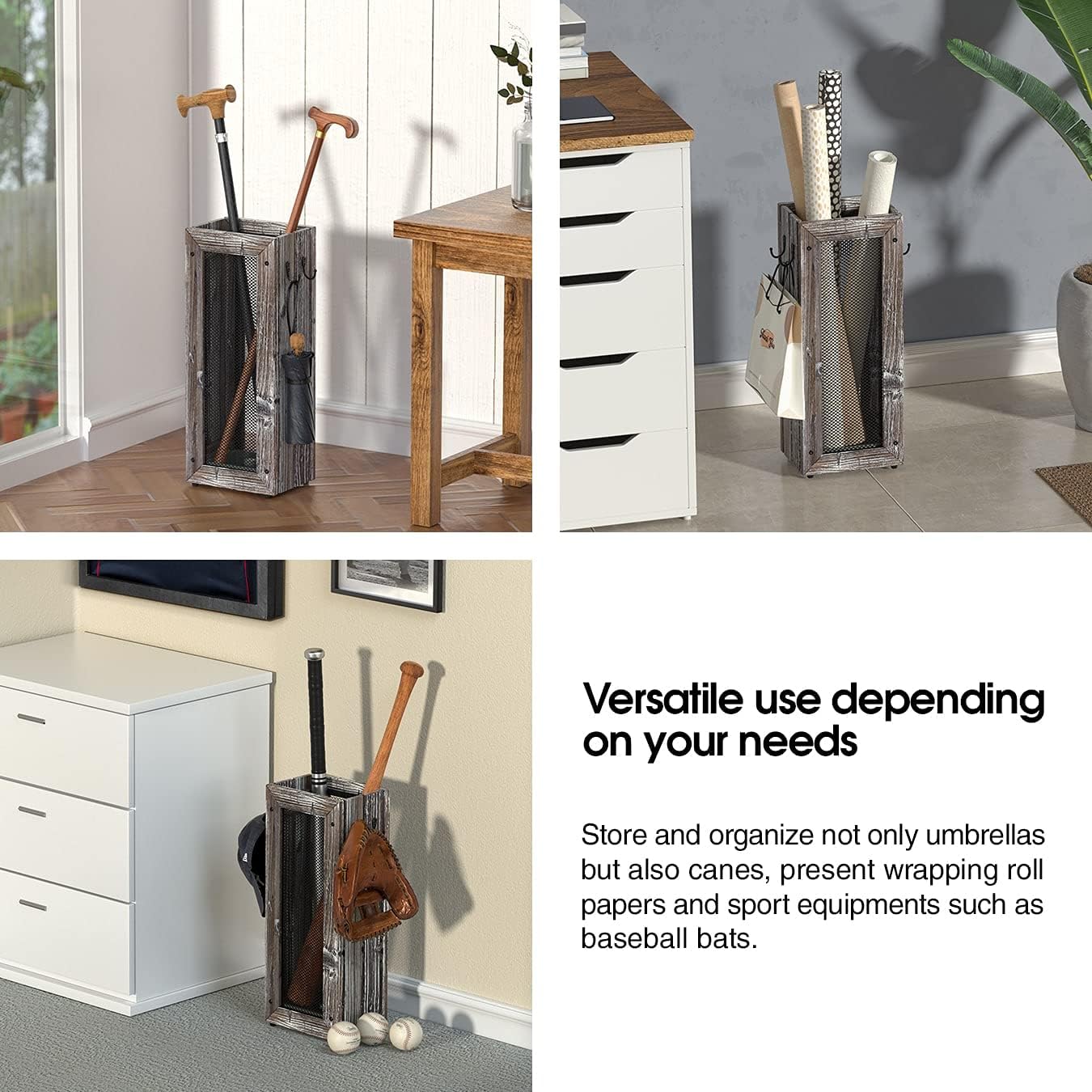 J JACKCUBE DESIGN Rustic Umbrella Holder with 4 Hooks, Wooden Rectangular Umbrella Stand Bucket Bin with Side Hangers for Entryway Home Office - MK703B (Rustic Wood)