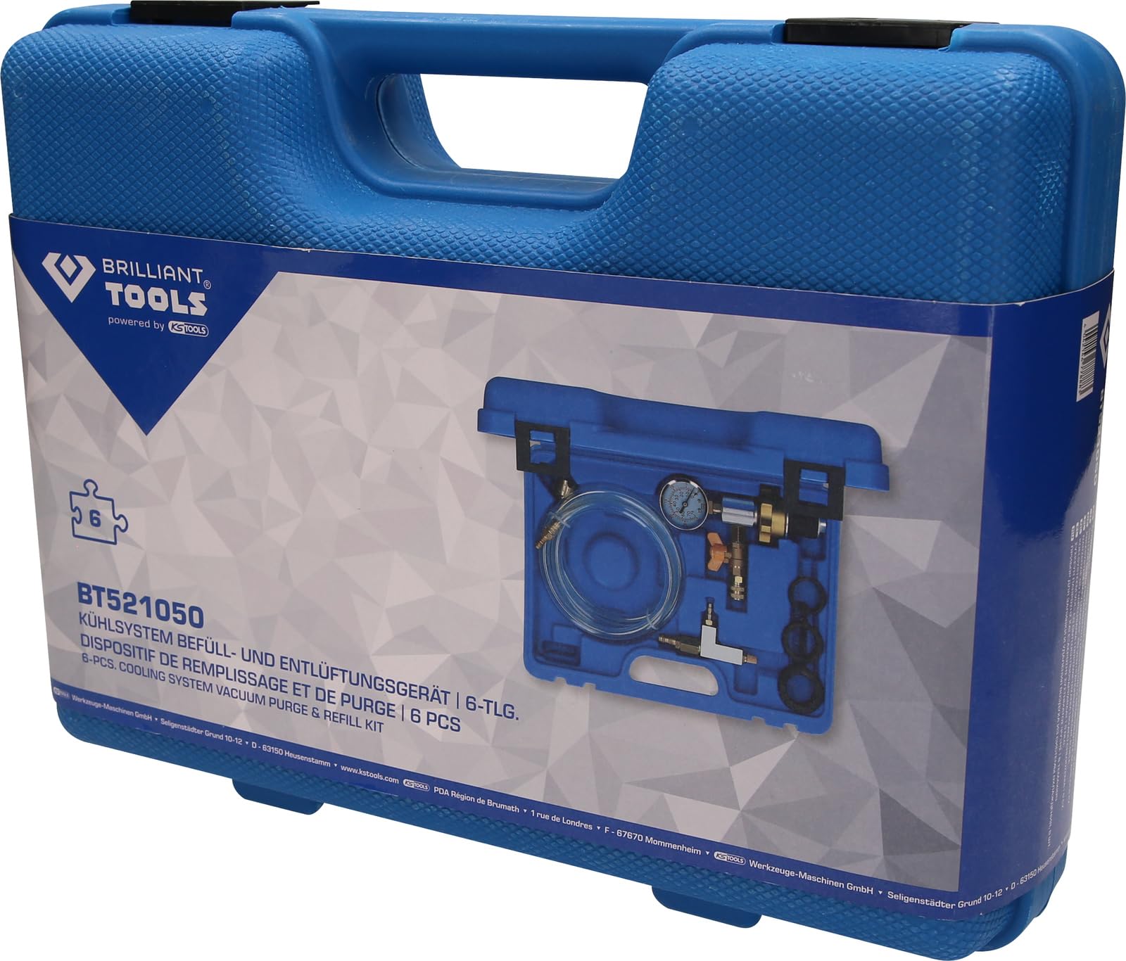BRILLIANT TOOLS BT521050 Kühlsystem Befüll- und Entlüftungsgerät | 6-tlg. [Powered by KS TOOLS], Mit Stabilem Blauen Transportkoffer