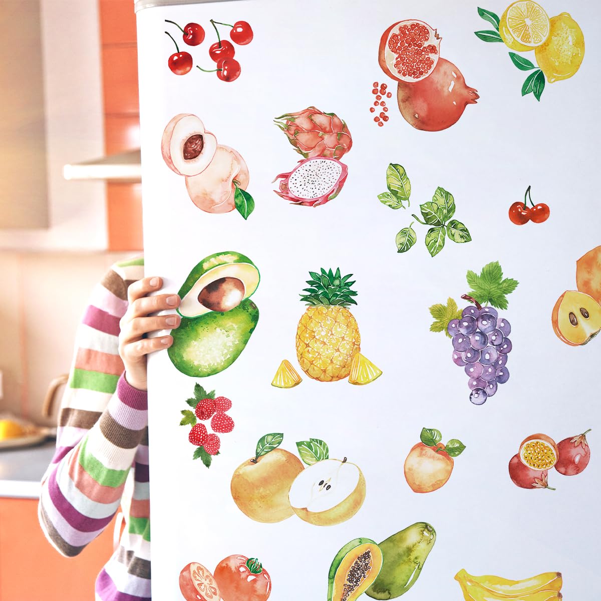 Lot de 2 feuilles d'autocollants étanches pour réfrigérateur - Autocollants décoratifs - Stickers de Fruits d'aquarelle Mural - Vinyle - Art mural - Décoration d'intérieur
