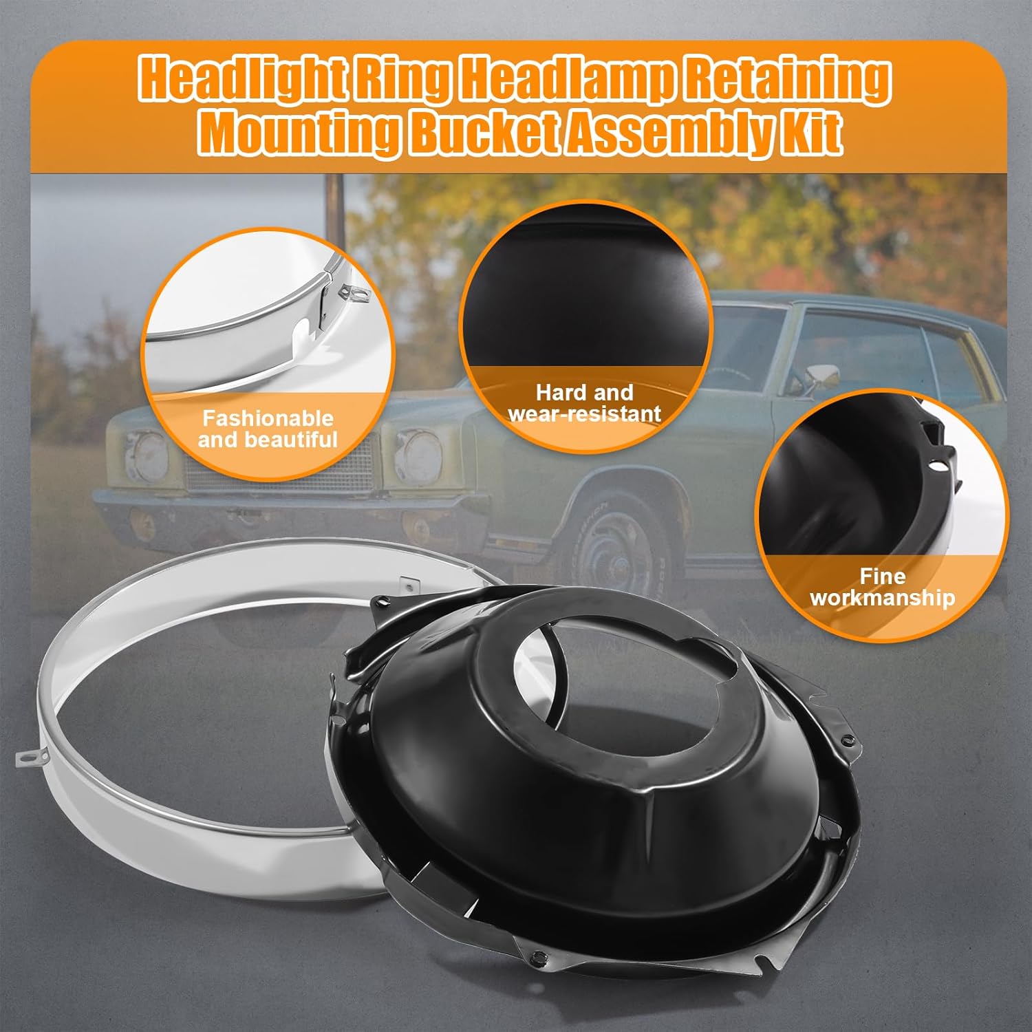 Headlamp Retaining Ring and Mounting Bucket Kit for 1968 Chevrolet Chevy II, 1967-1969 Camaro, 1969-1970 Nova, 1970 Monte Carlo