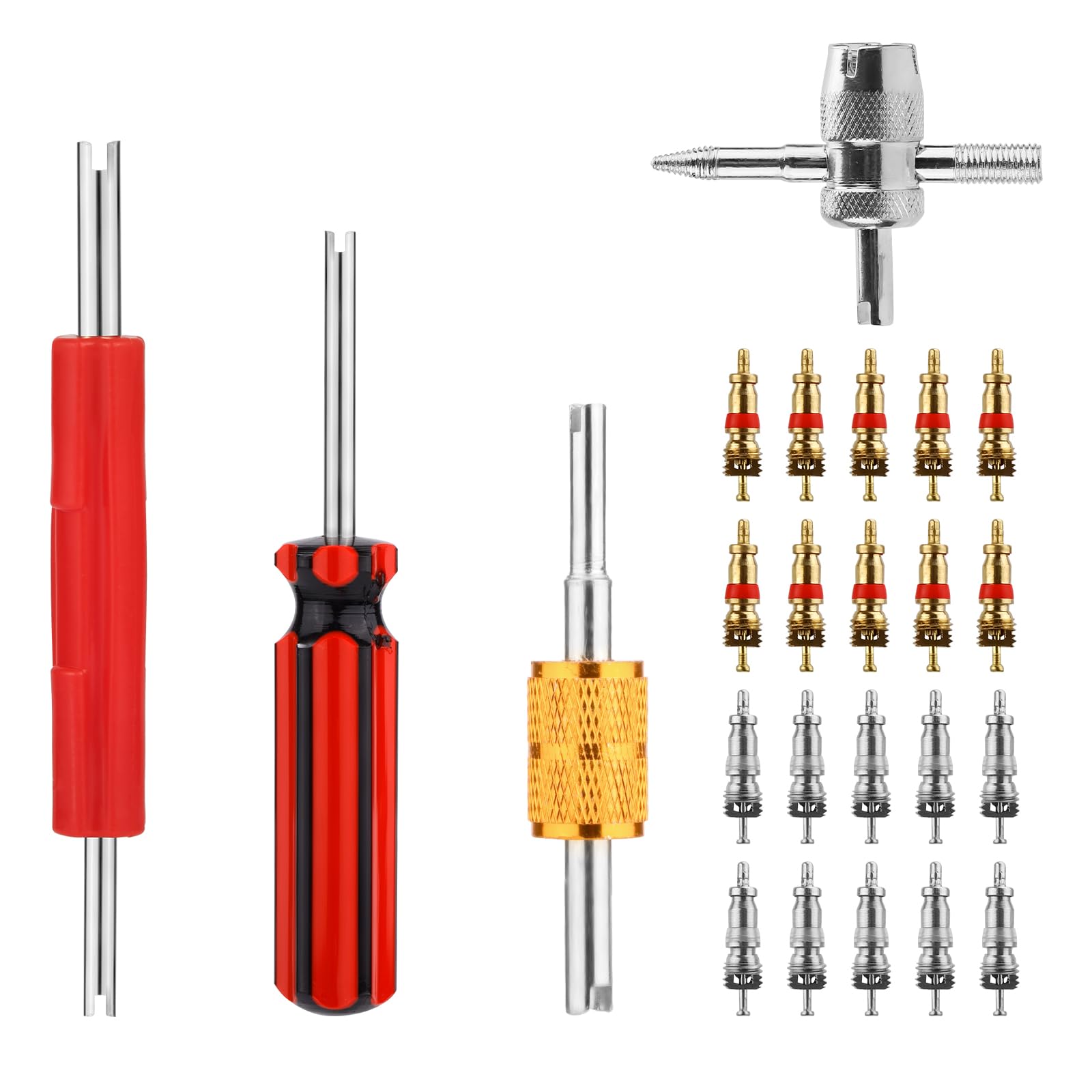 Accessoire Réparation Pneus Kit 18 Pièces Valves Pneus - 10 Noyaux Valves + 4 Clés Extractrices + 4 Bouchons - Voiture, Vélo, Moto - Marque Anyking Valves Voiture Vélo