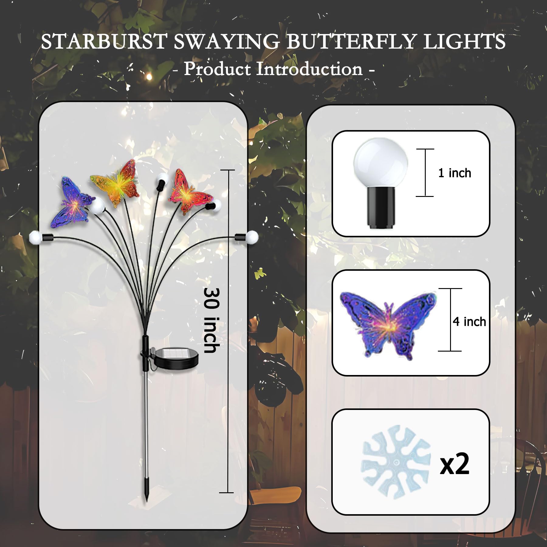Solar-Lichter mit Glühwürmchen-Motiv, bunte Schmetterlings-Gartenlichter, 2 Stück, wasserdichte Außenleuchten für Wege, Landschaft, Camping, Hof, Rasen-Dekoration