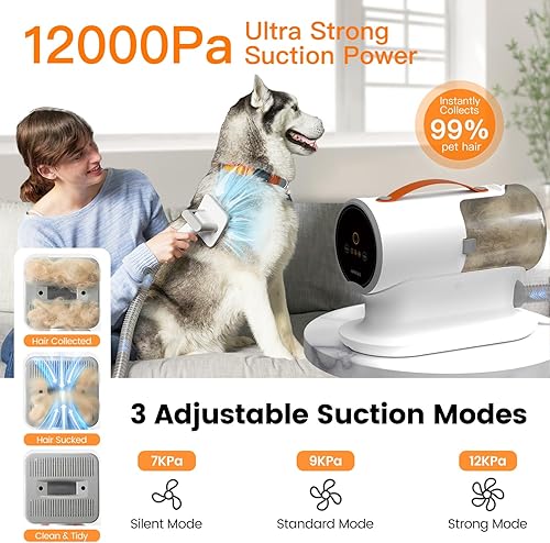 Miniatura 7 de AIRROBO Kit de Aspiradora para Aseo de Perros, Aspiradora de Mascotas Fuerte de 12000Pa para Desempelo, Aseo de Pelo, Silenciosa, PG100, Capacidad