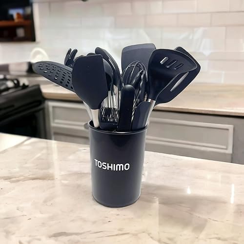 Miniatura 8 de Juego de utensilios de cocina de silicona de 15 piezas con soporte, herramienta de cocina de acero inoxidable antideslizante, espátulas, cucharón,