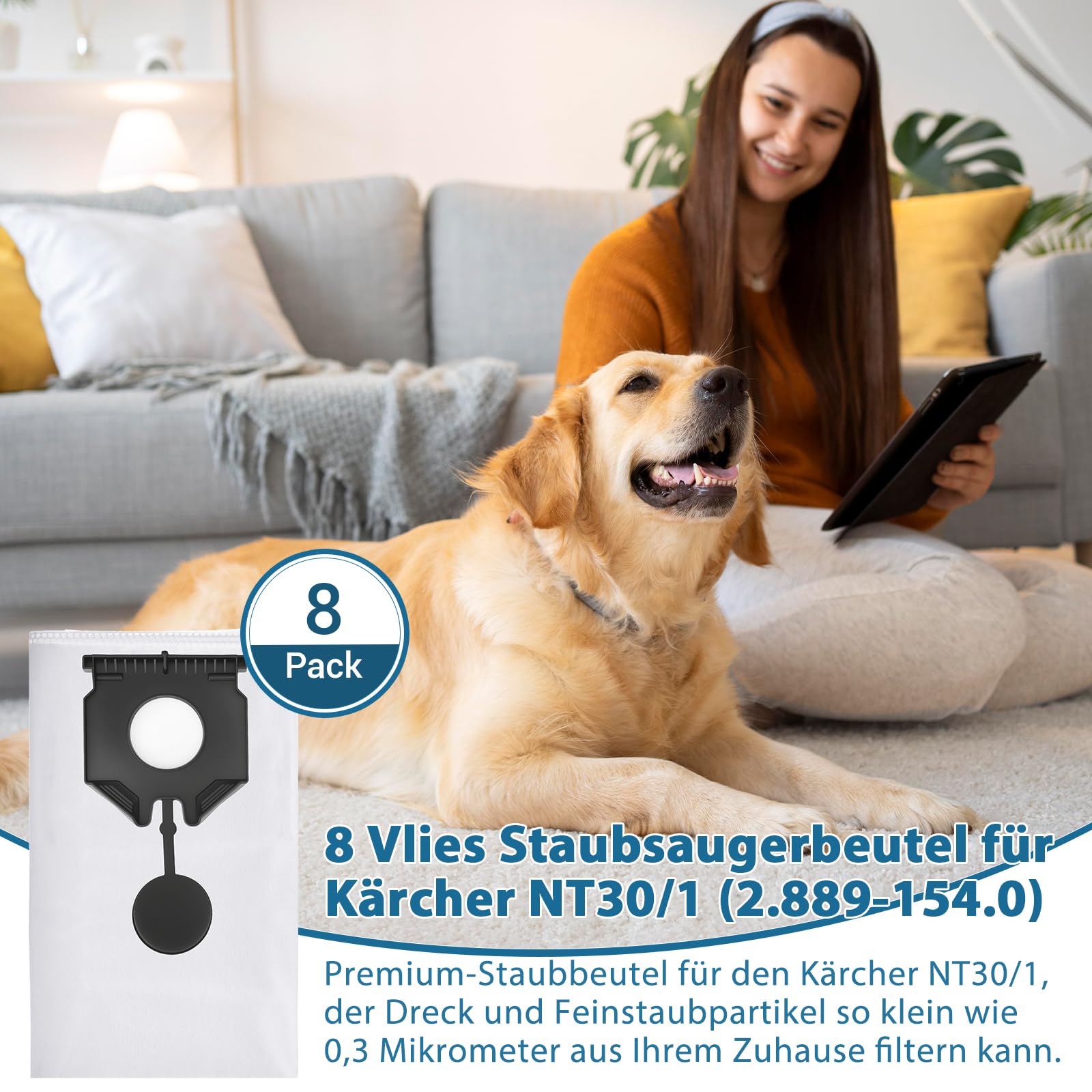 8 sacchetti per aspirapolvere Kärcher NT30/1 (2.889-154.0) in tessuto non tessuto, NT 30/1 30 L 30L NT 30/1 Ap Te L, NT 30/1 Ap L, NT 40/1, NT 50/1,30L per aspirapolvere Kärcher