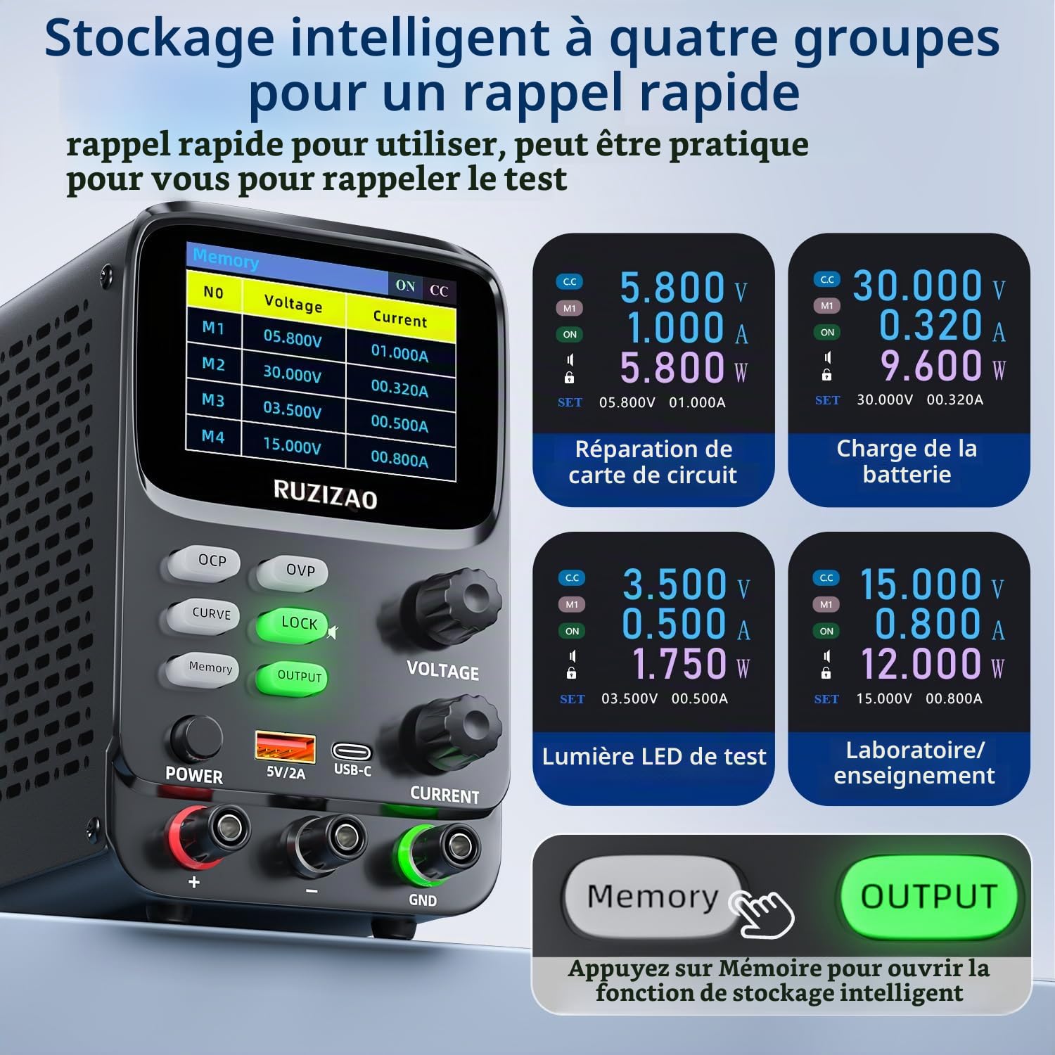 Alimentation Laboratoire DC Réglable 30V 10A 300W | Écran TFT 5 Chiffres Résolution mA, Affichage Courbe Tension/Courant, 4 Mémoires, Protection OVP/OCP, Ports USB-A/Type-C