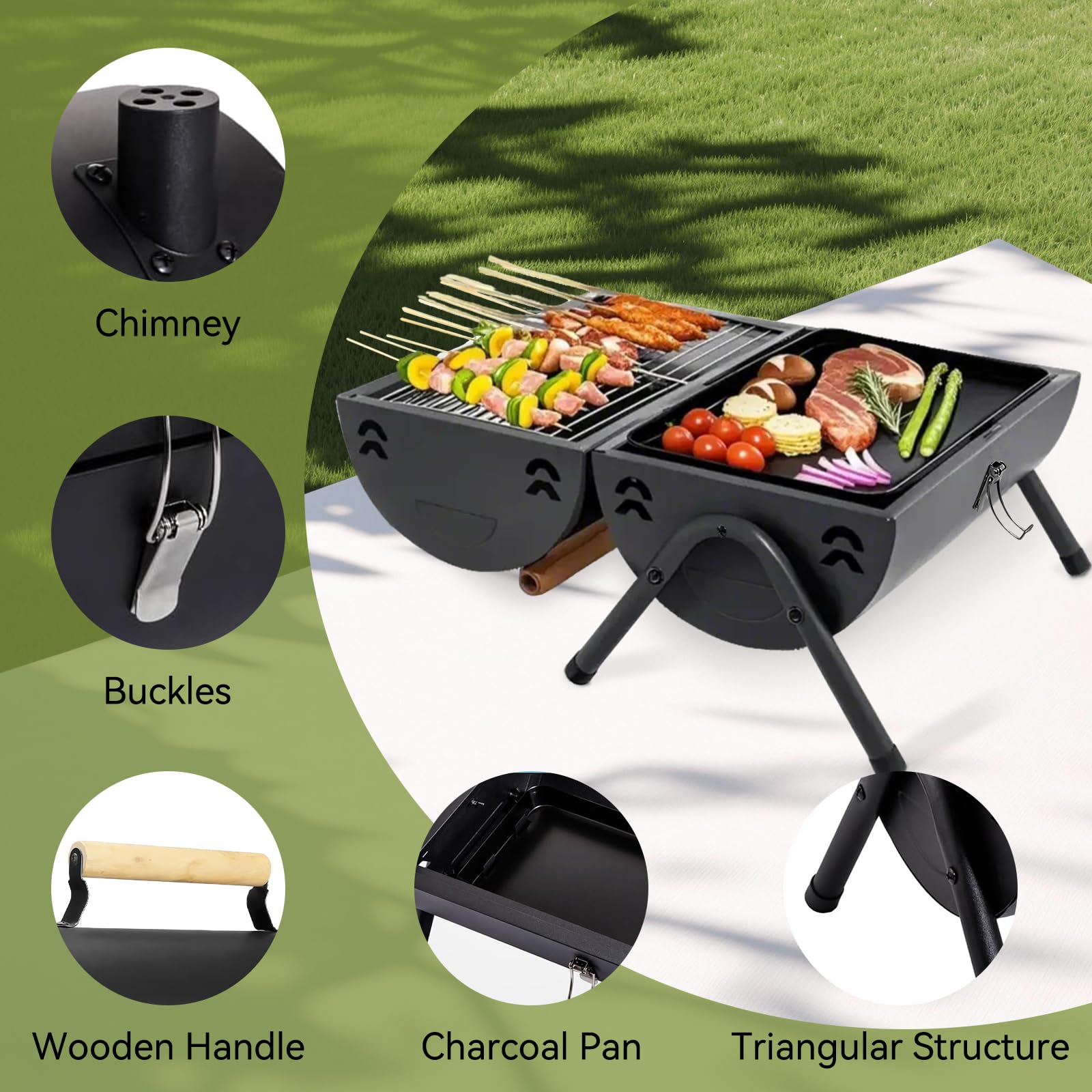 Barbecue au charbon de bois Petit Grill Pliable Double Surface de Cuisson BBQ Mini Grill en Valise avec Couvercle Grill de Table Portable pour Camping en Plein Air, Balcon et Pique-Nique
