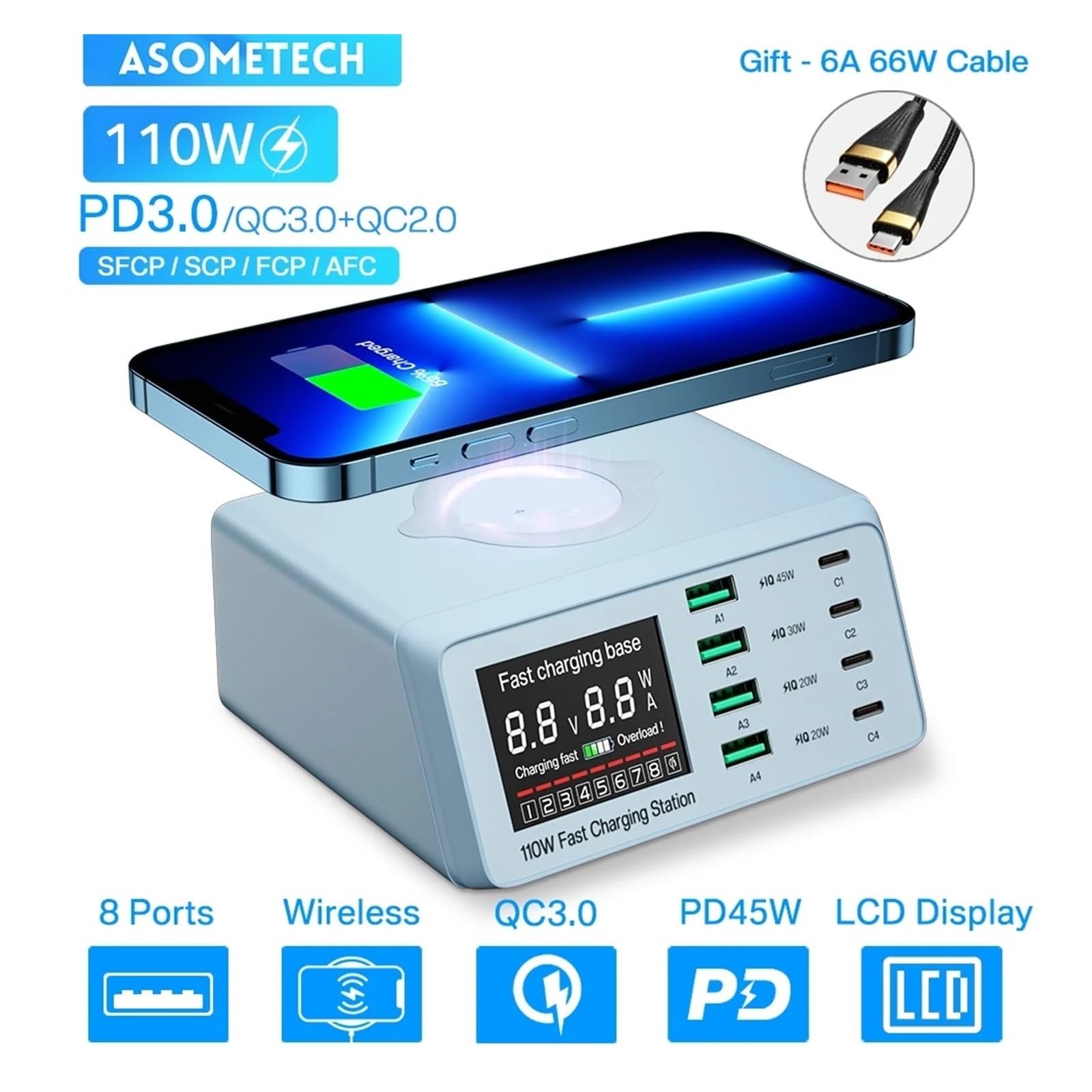 Caricatore USB Multiplo, Stazione di ricarica USB multipla da W, caricabatterie USB a ricarica rapida QC3.0 PD PPS per Smartphone(110W Blue)