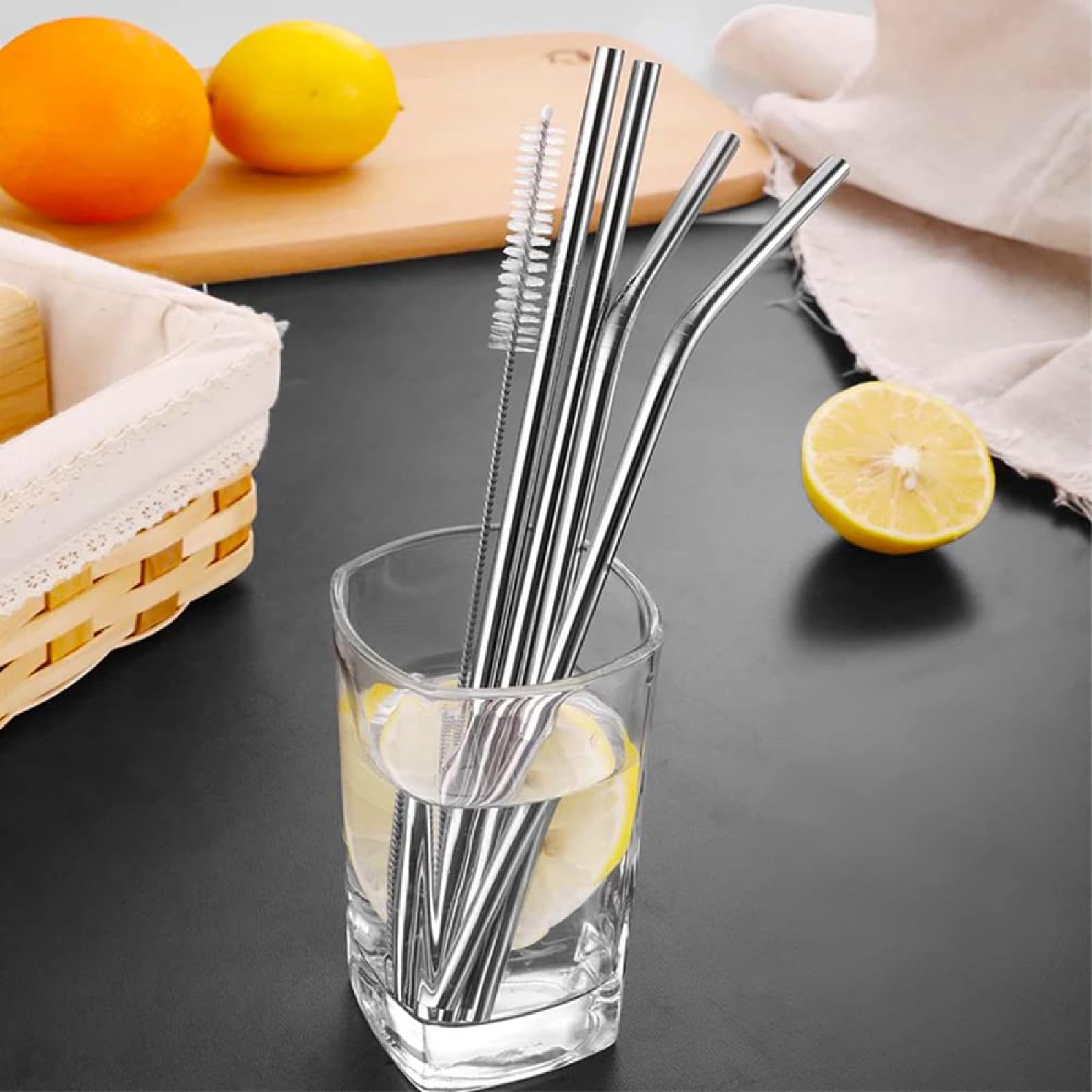 Pajitas reutilizables de acero inoxidable, juego de 6 pajitas de metal extra largas, pajitas curvas y rectas con 1 cepillo de limpieza para batido, licuado, cóctel y bebidas calientes