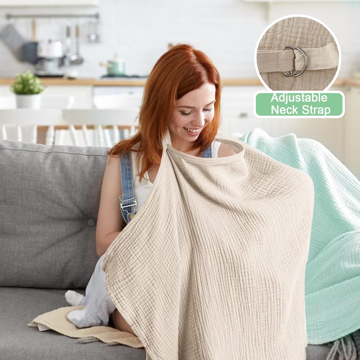 Stillabdeckung, Privatsphäre, Baumwolle, Stilltuch, Poncho, 360 Grad, atmungsaktiv, bequem, Stillabdeckung mit verstellbaren Trägern, Stilldecke (Khaki)
