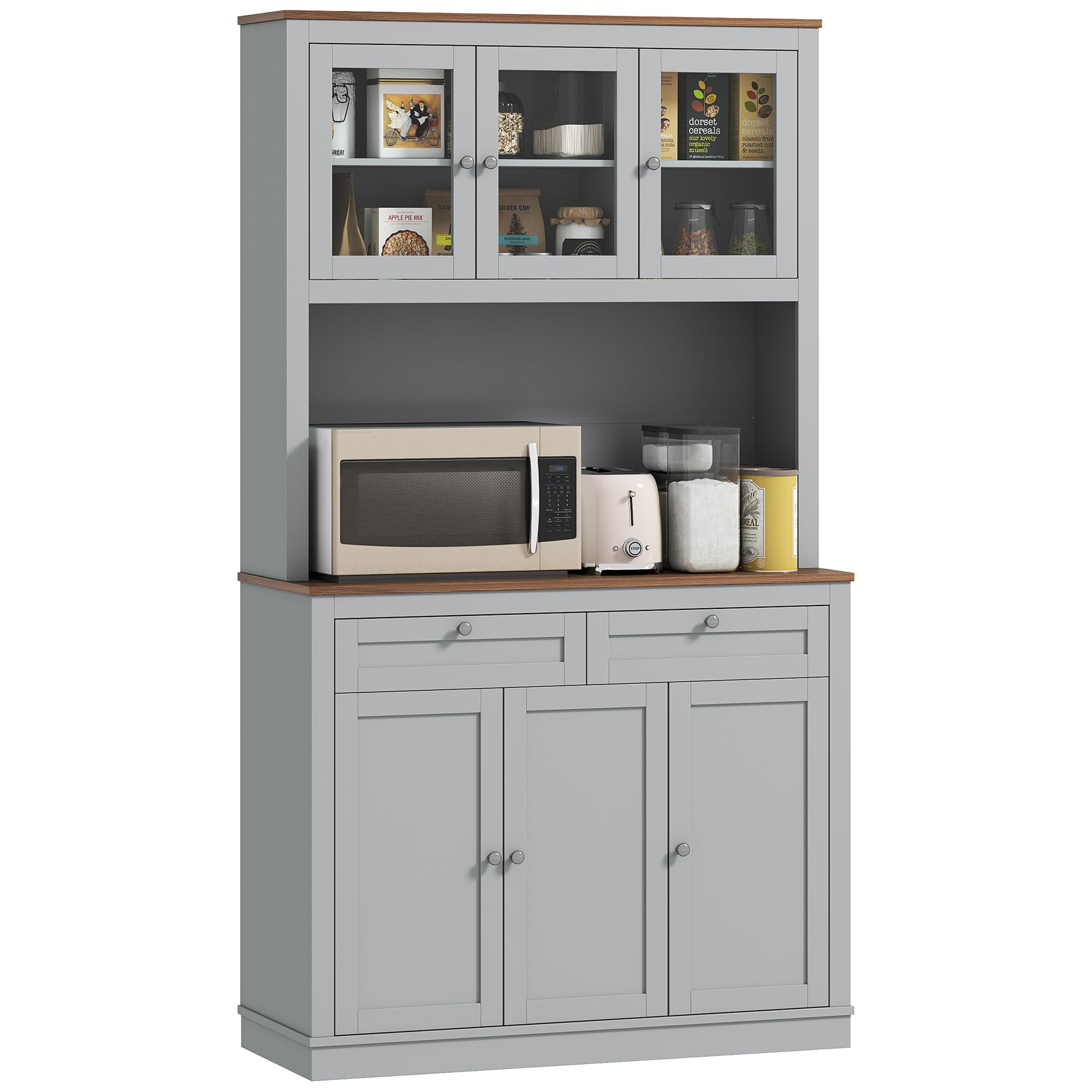 HOMCOM 71" Tall Pantry Cabinet with Microwave Stand, Freestanding Kitchen Hutch with Countertop, 2 Drawers, Bar Cabinet with Adjustable Shelves, Glass and Recessed Doors for Dining Room, Gray